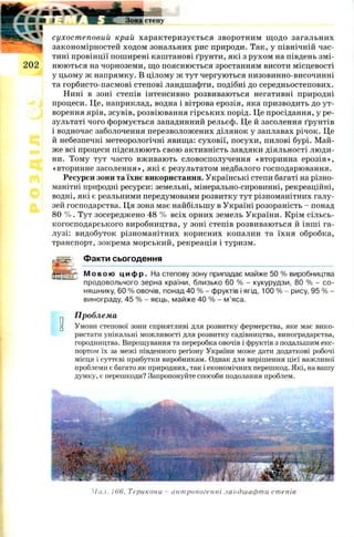 Л ж » v v
202
Зона степу
сухостеповий край характеризується зворотним щ одо загальних
закономірностей ходом зональних рис природи. Так, у північній час­
тині провінції поширені каштанові ґрунти, які з рухом на південь зм і­
нюються на чорноземи, що пояснюється зростанням висоти місцевості
у цьому ж напрямку. В цілому ж тут чергуються низовинно-височинні
та горбисто-пасмові степові ландшафти, подібні до середньостепових.
Нині в зоні степів інтенсивно розвиваються негативні природні
процеси. Це, наприклад, водна і вітрова ерозія, яка призводить до ут­
ворення ярів, зсувів, розвіювання гірських порід. Це просідання, у ре­
зультаті чого формується западинний рельєф. Це й засолення ґрунтів
і водночас заболочення перезволожених ділянок у заплавах річок. Це
й небезпечні метеорологічні явища: суховії, посухи, пилові бурі. Май­
же всі процеси підсилюють свою активність завдяки діяльності люди­
ни. Тому тут часто вживають словосполучення «вторинна ерозія»,
«вторинне засолення», які є результатом недбалого господарювання.
Ресурси зони та їхнє використання. Українські степи багаті на різно­
манітні природні ресурси: земельні, мінерально-сировинні, рекреаційні,
водні, які є реальними передумовами розвитку тут різноманітних галу­
зей господарства. Ця зона має найбільшу в Україні розораність - понад
80 % . Тут зосереджено 48 % всіх орних земель України. Крім сільсь­
когосподарського виробництва, у зоні степів розвиваються й інші га­
лузі: видобуток різноманітних корисних копалин та їхня обробка,
транспорт, зокрема морський, рекреація і туризм.
Факти сьогодення
М ов ою цифр. На степову зону припадає майже 50 % виробництва
продовольчого зерна країни, близько 60 % - кукурудзи, 80 % - со­
няшнику, 60 % овочів, понад 40 % - фруктів і ягід, 100 % - рису, 95 % -
винограду, 45 % - яєць, майже 40 % - м’яса.
Проблема
Умови степової зони сприятливі для розвитку фермерства, яке має вико­
ристати унікальні можливості для розвитку садівництва, виноградарства,
городництва. Вирощування та переробка овочів і фруктів з подальшим екс­
портом їх за межі південного регіону України може дати додаткові робочі
місця і суттєві прибутки виробникам. Однак для вирішення цієї важливої
проблеми є багато як природних, так і економічних перешкод. Які, на вашу
думку, є перешкоди? Запропонуйте способи подолання проблем.
Мал. 166. Терикони - антропогенні ландшафти степів
 