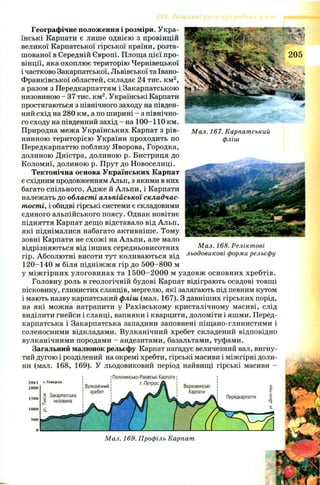 Географічне положення і розміри. Укра­
їнські Карпати є лише однією з провінцій
великої Карпатської гірської країни, розта­
ш ованої в Середній Європі. Площа цієї про­
вінції, яка охоплює територію Чернівецької
і частково Закарпатської, Львівської та Івано-
Франківської областей, складає 24 тис. км2,
а разом з Передкарпаттям і Закарпатською
низовиною - 37 тис. км2. Українські Карпати
простягаються з північного заходу на півден­
ний схід на 280 км, а по ширині - з північно­
го сходу на південний захід - на 100-110 км.
Природна межа Українських Карпат з рів­
нинною територією України проходить по
Передкарпаттю поблизу Яворова, Городка,
долиною Дністра, долиною р. Бистриця до
Коломиї, долиною р. Прут до Новоселиці.
Тектонічна основа Українських Карпат
є східним продовженням Альп, з якими в них
багато спільного. Адж е й Альпи, і Карпати
належать до області альпійської складчас­
тості, і обидві гірські системи є складовими
єдиного альпійського поясу. Однак новітнє
підняття Карпат дещо відставало від Альп,
які піднімалися набагато активніше. Тому
зовні Карпати не схож і на Альпи, але мало
відрізняються від інших середньовисотних
гір. Абсолю тні висоти тут коливаються від
120-140 м біля підніжж я гір до 500-800 м
у м іж гірних улоговинах та 1 5 0 0 -2 0 0 0 м уздовж основних хребтів.
Головну роль в геологічній будові Карпат відіграють осадові товщі
пісковику, глинистих сланців, мергелю, які залягають під певним кутом
і мають назву карпатський фліш (мал. 167). З давніших гірських порід,
на які можна натрапити у Рахівському кристалічному масиві, слід
виділити гнейси і сланці, вапняки і кварцити, доломіти і яшми. Перед-
карпатська і Закарпатська западини заповнені піщано-глинистими і
соленосними відкладами. Вулканічний хребет складений відповідно
вулканічними породами - андезитами, базальтами, туфами.
Загальний малюнок рельєфу Карпат нагадує величезний вал, вигну­
тий дугою і розділений на окремі хребти, гірські масиви і міжгірні доли­
ни (мал. 168, 169). У льодовиковий період найвищі гірські масиви -
Мал. 167. Карпатський
фліш
Мал. 168. Реліктові
льодовикові форми рельєфу
2061
2000
1500
1000
г. Г о в е р л а
2 Закарпатська
Вулканічний
хребет
Верховинські
Передкарпаття
Мал. 169. Профіль Карпат
 