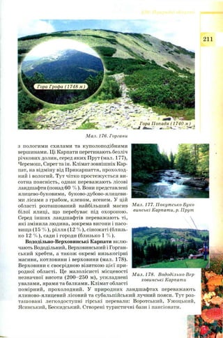 Гора Грофа (1 748 м )
Гора Попадя (1740 м)
211
Мал. 176. Горгани
Мал. 177. Покутсько-Буко-
винські Карпати, р. Прут
з пологими схилами та куполоподібними
вершинами. Ці Карпати перетинають безліч
річкових долин, серед яких Прут (мал. 177),
Черемош, Сирет та ін. Клімат зовнішніх Кар­
пат, на відміну від Прикарпаття, прохолод­
ний і вологий. Тут чітко простежується ви­
сотна поясність, однак переважають лісові
ландшафти (понад 60 % ). Вони представлені
ялицево-буковими, буково-дубово-ялицеви-
ми лісами з грабом, кленом, ясенем. У цій
області розташований найбільший масив
білої ялиці, що перебуває під охороною.
Серед інш их ландшафтів переважають ті,
які змінила людина, зокрема вигони і пасо­
вища (15 % ), рілля (12 % ), сінож аті (близь­
ко 12 % ), сади і городи (близько 1 % ).
Вододільно-Верховинські Карпати вклю­
чають Вододільний, Верховинський і Горган-
ський хребти, а також окремі низькогірні
масиви, котловини і верховини (мал. 178).
Верховини є своєрідною візиткою цієї при­
родної області. Це малолісисті місцевості
незначної висоти (2 0 0-250 м), ускладнені
увалами, ярами та балками. Клімат області
помірний, прохолодний. У природних ландшафтах переважають
ялиново-ялицевий лісовий та субальпійський лучний пояси. Тут роз­
таш овані легкодоступні гірські перевали: Воротський, Ужоцький,
Ясинський, Бескидський. Створені туристичні бази і пансіонати.
Мал. 1 78. Вододільно Вер­
ховинські Карпати
 