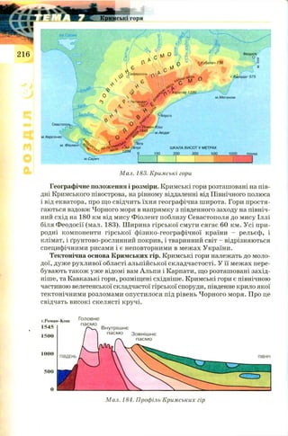 м .Меганом
м.Аюдаг
Кримські гори
ШКАЛА ВИСОТ У МЕТРАХ
200 300 500
Мал. 183. Кримські гори
Географічне положення і розміри. Кримські гори розташовані на пів­
дні Кримського півострова, на рівному віддаленні від Північного полюса
і від екватора, про що свідчить їхня географічна широта. Гори простя­
гаються вздовж Чорного моря в напрямку з південного заходу на північ­
ний схід на 180 км від мису Фіолент поблизу Севастополя до мису Іллі
біля Ф еодосії (мал. 183). Ш ирина гірської смуги сягає 60 км. Усі при­
родні компоненти гірської фізико-географічної країни - рельєф, і
клімат, і ґрунтово-рослинний покрив, і тваринний світ - відрізняються
специфічними рисами і є неповторними в межах України.
Тектонічна основа Кримських гір. Кримські гори належать до моло­
дої, дуже рухливої області альпійської складчастості. У її межах пере­
бувають також уже відомі вам Альпи і Карпати, що розташовані захід­
ніше, та Кавказькі гори, розміщені східніше. Кримські гори є північною
частиною велетенської складчастої гірської споруди, південне крило якої
тектонічними розломами опустилося під рівень Чорного моря. Про це
свідчать високі скелясті кручі.
г.Роман-Кош
1545
1500
1000
В н у тр іш н є
п а с м о З о в н іш н є
п а с м о
ПІВДЕНЬ ПІВНІЧ
Мал. 184. Профіль Кримських гір
 