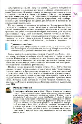 Забруднення довкілля і здоров’я людей. Надмірне забруднення
навколиш нього середовища є причиною серйозних негативних змін у
здоров’ї населення. Основним шляхом потрапляння шкідливих речовин
в організм людини є атмосферне повітря (мал. 214). Існують гранично- 249
допустимі концентрації (ГДК) забруднювальних речовин у повітрі, за
яких суттєвих змін в організмі людини не відбувається. Будь-яке пере­
вищення цих концентрацій шкідливе для організму й призводить до
різноманітних захворювань.
Під час дихання до людського організму постійно потрапляє безліч
хімічних та органічних сполук, що містяться у повітрі. Вони включа­
ються в обмінні процеси і діють на всі органи та системи. Якщ о людина
тривалий час дихає забрудненим повітрям, виникають різні серйозні
захворювання, серед яких пневмонія, бронхіт, бронхіальна астма.
Значна кількість отруйних речовин, що сконцентровані у повітрі, спри­
чиняють гострі отруєння, а нерідко й смерть. Забруднене повітря
пош кодж ує ш кіру, знижує опір організму до різних захворювань.
Практичне завдання
За картою (мал. 214) визначте області України, де зафіксовані допус­
тимі концентрації забруднювальних речовин у повітрі, а також ті, де
концентрації цих речовин небезпечні для здоров’я людей.
Одним з найнебезпечніших для людини є чадний газ. Він має і рап­
тову токсичну дію на організм, а може і хронічно отруювати організм
людини. Найчастіше на хронічне отруєння (інтоксикацію) цим газом
страждають водії. Показниками отруєння при цьому є швидка втом­
люваність, головний біль, порушення сну, зниження пам’яті й уваги,
втрата апетиту, зменшення фізичних сил.
Нині все більше на організм людини впливає смог. Найчастіше він
виникає у містах і промислових центрах, а також на потужних автома­
гістралях у результаті накопичення у приземному шарі повітря значної
кількості отруйних газів, їдкого диму, дрібних часток кіптяви й попелу,
які утворюють ядра згущення водяної пари та своєрідний туман. Смоги
завдають значної шкоди здоров’ю людей, а іноді стають причиною їхньої
смерті. В Україні смоги найчастіше бувають у східних та південно-схід-
них областях України, де зосереджено багато промислових підприємств
(мал. 214).
Факти сьогодення
О с е р е д к и з а б р у д н е н н я . Нині у 21 місті України, де проживає
понад 21 % населення держави, рівень забруднення повітря шкідли­
вими речовинами перевищує допустиму норму в 15 разів і лише в
чотирьох із 45 великих міст країни перебуває в її межах. У зв’язку
з наявністю в містах газових і теплових джерел забруднення, а також
через особливості забудови міст тут формуються специфічні риси
місцевого клімату, коли шкідливі речовини не виносяться повітря­
ними масами за межі міста, а навпаки, сприяють накопиченню їх
у повітрі, Це досить часто негативно позначається на здоров’ї
населення. Останніми роками з метою поліпшення екологічного
стану міської території небезпечні виробництва почали виносити
за межі міста.
 