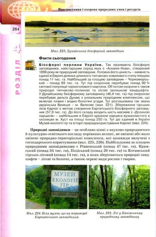 Використання і охорона природних умов і ресурсів
264
4
Ц
м
О
а !
Мал. 223. Дунайський біосферний заповідник
Факти сьогодення
Б і о с ф е р н і п е р л и н и У к р а ї н и . Так називають біосферні
заповідники, найстарішим серед яких є «Асканія-Нова», створений
1898 року як природний заповідник. Головна його цінність - наявність
єдиної в Європі ділянки цілинного типчаково-ковилового степу площею
понад 11 тис. га. Найбільший за площею заповідник - Чорноморсь­
кий - понад 89 тис. га. Тут під охороною перебуває понад 90 %
світової популяції чорноголового мартина. Об’єктом охорони є також
природні типчаково-полинові та лісові залишкові ландшафти.
У Дунайському біосферному заповіднику (46,4 тис. га) під охороною
перебуває дельта Дунаю з унікальним природним комплексом, що
включає плавні і водно-болотяні угіддя. Тут розташована так звана
українська Венеція - м. Вилкове (мал. 221). Збереження гірських
лісів Карпат є метою створення Карпатського біосферного заповід­
ник (57,9 тис. га). До його складу входить шість масивів з «Долиною
нарцисів» - найбільшим в Європі ареалом нарциса вузьколистого в
околицях м. Хуст на площі понад 250 га. Тут діє єдиний в Україні
Музей екології гір та історії природокористування Карпат (мал. 224).
Природні заповідники - це особливо цінні з науково-природничого
й культурно-освітнього погляду порівняно великі, не змінені або мало
змінені природно-територіальні комплекси, які назавжди вилучені з
господарського користування (мал. 225, 226). Найбільшими за площею
природними заповідниками є Рівненський (понад 47 тис. га), Крим­
ський (понад 34 тис. га), Поліський (понад 20 тис. га) та Ялтинський
гірсько-лісовий (понад 14 тис. га), в яких зберігаються природні ланд­
шафти - лісові та болотні, а також окремі види рослин і тварин.
Мал. 224. Біля музею, що на території
Карпатського заповідника
Мал. 225. Ліс у Канівському
природному заповіднику
 