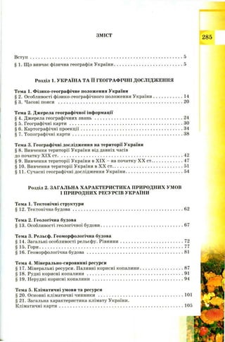 ЗМІСТ
В ст у п .............................................................................................................................. 5
§ 1. Щ о вивчає фізична географія України........................................................ 5
Розділ 1. УКРАЇНА ТА її ГЕОГРАФІЧНІ ДОСЛІДЖЕННЯ
Тема 1. Фізико-географічне положення України
§ 2. Особливості фізико-географічного положення України....................... 14
§ 3. Часові пояси .......................................................................................................20
Тема 2. Джерела географічної інформації
§ 4. Джерела географічних з н а н ь ........................................................................ 24
§ 5. Географічні к а р т и ............................................................................................. 30
§ 6. Картографічні проекц ії....................................................................................34
§ 7. Топографічні к а р ти ...........................................................................................38
Тема 3. Географічні дослідження на території України
§ 8. Вивчення території України від давніх часів
до початку XIX ст........................................................................................................42
§ 9. Вивчення території України в XIX - на початку X X ст.........................47
§ 10. Вивчення території України в X X ст..........................................................51
§11. Сучасні географічні дослідження України...............................................54
Розділ 2. ЗАГАЛЬНА ХАРАКТЕРИСТИКА ПРИРОДНИХ УМОВ
І ПРИРОДНИХ РЕСУРСІВ УКРАЇНИ
Тема 1. Тектонічні структури
§ 12. Тектонічна б у д ов а ............................................................................................62
Тема 2. Геологічна будова
§ 13. Особливості геологічної будови.................................................................... 67
Тема 3. Рельєф. Геоморфологічна будова
§ 14. Загальні особливості рельєфу. Р івнини....................................................72
§ 15. Гори....................................................................................................................... 77
§ 16. Геоморфологічна б у д о в а ................................................................................81
Тема 4. Мінерально-сировинні ресурси
§ 17. Мінеральні ресурси. Паливні корисні копалини................................... 87
§ 18. Рудні корисні коп ал и н и ................................................................................91
§ 19. Нерудні корисні копалин и...........................................................................94
Тема 5. Кліматичні умови та ресурси
§ 20. Основні кліматичні ч и н н и к и ...................................................................... 101
§ 21. Загальна характеристика клімату України.
Кліматичні к а р ти .......................................................................................................105
 