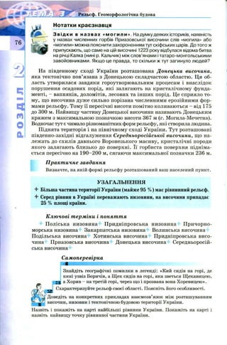 IfIlfCOd Рельєф. Геоморфологічна будова
Нотатки краєзнавця
З ві дки в назвах «могили». Надумку деяких істориків, наявність
у назвах численних горбів Приазовської височини слів «могила» або
«могили» можна пояснити захороненням тут скіфських царів. До того ж
припускають, що саме на цій височині 1223 року відбулася відома битва
на річці Калка (нині р. Кальчик) між слов’янами ітатаро-монгольськими
завойовниками. Якщо це правда, то скільки ж тут загинуло людей?
На південному сході України розташована Донецька височина,
яка тектонічно пов’ язана з Донецькою складчастою областю. Ця об­
ласть утворилася завдяки гороутворювальним процесам і внаслідок
порушення осадових порід, які залягають на кристалічному фунда­
менті, - вапняків, доломітів, лесових та інших порід. Це сприяло то­
му, що височина дуже сильно порізана численними ерозійними фор­
мами рельєфу. Тому її пересічні висоти помітно коливаються - від 175
до 300 м. Найвищу частину Донецької височини називають Донецьким
кряжем з максимальною позначкою висоти 367 м (г. Могила-Мечетна).
Водночас тут є чимало різноманітних форм рельєфу, які створила людина.
Піднята територія і на північному сході України. Тут розташовані
південно-західні відгалуження Середньоросійської височини, що на­
лежать до схилів давнього Воронезького масиву, кристалічні породи
якого залягають близько до поверхні. Її горбиста поверхня підніма­
ється пересічно на 190-200 м, сягаючи максимальної позначки 236 м.
Практичне завдання
Визначте, на якій формі рельєфу розташований ваш населений пункт.
УЗАГАЛЬНЕННЯ
4 Більша частина території України (майже 95 %) має рівнинний рельєф.
4* Серед рівнин в Україні переважають низовини, на височини припадає
25 % площі країни.
Ключові терміни і поняття
П оліська низовина П ридніпровська низовина П ричорно­
морська низовина Закарпатська низовина Волинська височина
Подільська височина Хотинська височина Придніпровська висо­
чина Приазовська височина Донецька височина Середньоросій-
ська височина
Самоперевірка
Знайдіть географічні помилки в легенді: «Кий сидів на горі, де
нині узвіз Боричів, а Щек сидів на горі, яка зветься Щекавицею,
З а Хорив - на третій горі, через що і прозвана вона Хоревицею».
Схарактеризуйте рельєф своєї області. Поясніть його особливості.
pbvhp Доведіть на конкретних прикладах взаємозв’язок між розташуванням
-щ височин, низовин і тектонічною будовою території України.
Назвіть і покажіть на карті найбільші рівнини України. Покажіть на карті і
назвіть найвищу точку рівнинної частини України.
 