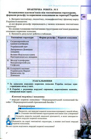 ПРАКТИЧНА РОБОТА № З
Встановлення взаємозв’язків між тектонічними структурами,
формами рельєфу та корисними копалинами на території України
1. Зіставте тектонічну, геологічну, геоморфологічну і фізичну карту
України й визначте:
а) які форми рельєфу переважають у межах основних тектонічних
структур;
б) з якими головними тектонічними структурами пов’язані родовища
основних корисних копалин.
2. Запишіть результат роботи в таблицю.
§19. Нерудні корисні копалини
Тектонічні структури Форми рельєфу Корисні копалини
І. Східноєвропейська
(давня) платформа
Український щит
Дніпровсько-Донецька
западина
Волино-Подільська плита
Причорноморська западина
II. Молоді платформи:
Західноєвропейська
Скіфська
III. Складчасті системи:
Українських Карпат
Кримських гір
Донецька
УЗАГАЛЬНЕННЯ
4- За запасами нерудних корисних копалин Україна посідає одне
з провідних місць у світі.
4- В Україні є родовища нерудної сировини, дорогоцінних каменів,
мінеральні води і грязі.
Ключові терміни і поняття
нерудні корисні копалини 4- Передкарпатський соленосний ба­
сейн 4- Передкарпатський сірконосний басейн "4*
Самоперевірка
Визначте, які нерудні корисні копалини поширені у вашій облас­
ті. З якими тектонічними структурами пов’язане їхнє утворення?
Складіть перелік галузей людської діяльності, в яких використо­
вують нерудні корисні копалини.
Покажіть на карті тектонічні структури, з якими пов’язані нерудні
корисні копалини.
На які групи поділяють нерудні корисні копалини?
 