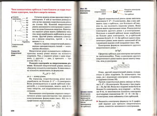 ,І
Чим компактніша орбіталь і чим ближче до ядра перс ­
буває електрон, тим його енергія менша.
Енергія
електрона /- 4f
4 -~:::.--- 4d
-.---- 4--- р
,_,~3d
_/.,~ 4s
З _/-----ЗР
·-------зs
2 __,------- 2р
-------2s
1 --------- 1s
Підрівень
Сучасна модель атома враховує енергію
електронів. У ній ці частинки розподіля ­
ють за так званими енергетичними рівн.я
ми (схема 16). Кожний енергетичний
рівень заповнюють електронами з однако­
вою чи дуже близькою енергією. Електро­
ни першого рівня мають найменшу енер­
гію; вони перебувають найближче до ядра
атома. Другий рівень займають електро­
ни з вищою енергією, третій - із ще
вищоюіт. д.
Енергетичний
рівень
Замість терміна «енергетичний рівень >>
нерідко використовують інший- <<елек­
тронна оболонка».
Схема 16.
Енергетичні
рівні
154
Енергетичні рівні складаються з підрівнів ,
причому номер рівнЯ вказує на кількістІ,
підрівнів. Так, у першого рівня є один підрі ­
вень, у другого - два, у третього - тр и
(схема 16) і т. д.
Розподіл електронів за енергетичними рів­
нями. Кожний енергетичний рівень вміщу
обмежену кількість електронів. Їх максималь­
ну кількість визначають за формулою
Nтвх(е-) = 2n2
,
де n- номер рівня.
На першому енергетичному рівні мож е
перебувати не більше 2 • 12
= 2 електронів.
Вони розміщуються в одній орбіталі (сфе ­
ричній), є в-електронами, мають одну й т у
саму енергію, але відрізняються за своїм и
спінами.
Заповнення електронами першого енерге ­
тичного рівня проілюструємо так званим и
електронними формулами (мал. 65) та ї х
· графічними варіантами:
1в 1в
1в1
[!] 1в2
[ПJ
Мал. 65.
Електронна
формула
Цікаво знати
Електрони
починають
надходити
у 3d-орбіталі
після
аповнення
4s-орбіталі.
Номер
1
Кількість електронів
енергетичного - 15 .__ в орбіталі
рівня ~ Тип орбіталі
Другий енергетичний рівень може вмістити
максимум 2 • 22
= 8 електронів. Два з них зай­
мають одну в-орбіталь, але більшого об'єму,
ніж та, що належить першому рівню. Вони
також мають протилежні спіни. Решта (шість)
електронів другого рівня є р-електронами.
Оскільки в кожній орбіталі може перебувати
не більше двох електронів, то р-орбіталей
повинно бути 6: 2 = 3. Це орбіталі одного енер­
гетичного рівня; вони мають однаковий об'єм
і розміщені вздовж осей координат (мал. 63).
Електронна формула заповненого другого
енергетичного рівня -
2в
2
2р
6
•
Сферична орбіталь для електрона вигідніша
за гантелеподібну. Тому в-електрони другого
енергетичного рівня мають трохи нижчу енер-
гію, ніж р-електрони:
2р
2в [ПJ [ПJ [ПJ [ПJ
Отже, другий енергетичний рівень склада­
ється із двох підрівнів. Їх позначають так
само, як і відповідні електрони: в-підрівень,
р-підрівень (схема 16).
Третій енергетичний рівень вміщує не біль­
ше 2 • 32
= 18 електронів. На ньому є три підрів­
ні- Зв, 3р і 3d. Якщо на в-підрівні може бути не
більше 2-х електронів, нар-підрівні-не біль­
ше 6-ти, то максимальна кількість електронів
на d-підрівні становитиме 18- 2 - 6 = 10. Це­
d-електрони; вони займають п'ять орбіталей.
~ Запишіть електронну формулу та її графіч­
ний варіант для третього енергетичного
рівня, повністю заповненого електронами.
155
 