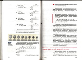 Мал.67.
Атоми
елементів
2-го періоду
160
2р
7N 1s2
2s2
2p3
,
або [He]2s2
2p3
; 2s[П]ШШШ
1s [П]
2р
80 1s2
2s2
2p4
,
або [He]2s2
2p4
; 2s [П][П]ШШ
1s [П]
2р
2s [!±][П] [П][}]
9F 1s2
2s2
2p5
,
або [He]2s2
2p5
;
1s [!±]
2р
2s [П] [П] [П](ІІІ10Ne 1s2
2s2
2p6
,
або [Не]2s2
2p6
;
1s [!±]
Заповнення електронами орбіталей зовніш ­
нього енергетичного рівня в атомах елементj в
2-го періоду показано на малюнку 67.
В атомі елемента N!! 11 Натрію починаєтьсJІ
заповнення третього енергетичного рівня . Н11
ньому з'являється один електрон:
3 3d
з.шoc:JoDDDDD
~[П][П][П]
2s~
1s [!±]
...... Виведіть електронні формули атомів решти
елементів 3-го періоду.
:Корисно запам'ятати: кількість енергетич­
FІИХ рівнів атома, на яких перебувають елек­
т рони, збігається з номером періоду, де
::ІУ-І:іститься елемент.
При складанні електронних формул атомів еле­
ментів 4-го періоду потрібно враховувати, що
енергія підрівнів зростає в такому порядку
(схема 16):
1s < 2s < 2р < Зs < Зр < 4s < Зd < 4р,
а на останньому енергетичному рівні в атомі не
буває більше 8 електронів.
Стан атома, в якомуорбіталі заповнені елек­
т ронами згідно із принципом найменшої енер­
г .Ії, називають основним.
Зовнішні електрони атома і валентність
е лемента. Існує зв' язок між розміще н н ям
е .лектронів на останньому енергетичному
рів ні атома і значеннями валентності еле­
::ІУ-І:ента. Не випадково вовнішні електрони
FІазивають валентними.
Зіставимо деякі факти. Атом Гідрогену має
<>дин електрон; значення валентності елемен­
т а дорівнює 1. На зовнішньому енергетичному
рівні атома Літію - теж один електрон, а
а_тома Флуору - сім електронів, серед яких
<>дин- неспарений. Літій і Флуор- однова­
.JІентні елементи. В атомі Оксигену на зовніш­
:ЕІьому рівні - два несларені електрони; цей
е.лемент- двовалентний.
Кількість :несІІарених електронів в атомі вказує на
можливе~ ::нr:аче::JНня валентності елемента.
Атом :Карбону містить два несларені елек­
'Грони (с. 159). Проте цей елемент у своїх спо­
JІуках (крім чадного газу СО) виявляє валент­
:ЕІість 4. Отже, в атомі :Карбону має бути не два,
161
 