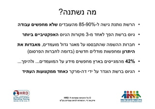 ‫מה נשתנה?‬
‫• הרשת נותנת גישה ל-%09-58 מהעובדים שלא מחפשים עבודה‬

  ‫• גיוס ברשת הפך לאחד מ-3 מקורות הגיוס האפקטיביים ביותר‬

‫• חברות ההשמה שהתבססו על מאגר גדול מועמדים, מאבדות את‬
    ‫היתרון ומחפשות מודלים חדשים )בדומה לחברות הפרסום(‬

‫• %24 מהמגייסים בארץ מחפשים מידע על המועמדים... ולהיפך...‬

  ‫• הגיוס ברשת הוגדר על ידי דה-מרקר כאחד ממקצועות העתיד‬




                      ‫© כל הזכויות שמורות ל- ‪HRD‬‬
                   ‫אייץ.אר.די. הכשרות לגיוס עובדים בע"מ‬
 