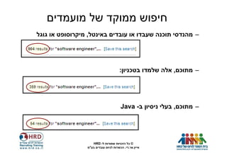 ‫חיפוש ממוקד של מועמדים‬
‫– מהנדסי תוכנה שעבדו או עובדים באינטל, מיקרוסופט או גוגל‬




                                       ‫– מתוכם, אלה שלמדו בטכניון:‬




                                        ‫– מתוכם, בעלי ניסיון ב- ‪Java‬‬




                    ‫© כל הזכויות שמורות ל- ‪HRD‬‬
                 ‫אייץ.אר.די. הכשרות לגיוס עובדים בע"מ‬
 