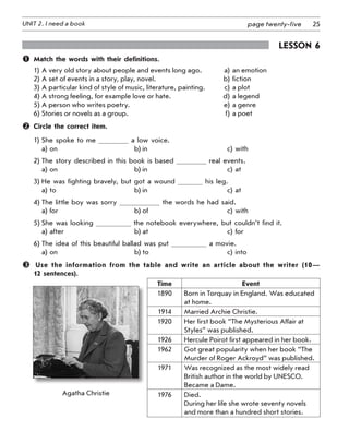 25UNIT 2. I need a book page twenty-five
Lesson 6
	 Match the words with their definitions.
1)	A very old story about people and events long ago.	 a)	an emotion
2)	A set of events in a story, play, novel.	 b)	fiction
3)	A particular kind of style of music, literature, painting.	 c)	a plot
4)	A strong feeling, for example love or hate.	 d)	a legend
5)	A person who writes poetry.	 e)	a genre
6)	Stories or novels as a group.	 f)	a poet
	 Circle the correct item.
1)	She spoke to me a low voice.
a)	on	 b)	in	 c)	with
2)	The story described in this book is based real events.
a)	on	 b)	in	 c)	at
3)	He was fighting bravely, but got a wound his leg.
a)	to	 b)	in	 c)	at
4)	The little boy was sorry the words he had said.
a)	for	 b)	of	 c)	with
5)	She was looking the notebook everywhere, but couldn’t find it.
a)	after	 b)	at	 c)	for
6)	The idea of this beautiful ballad was put a movie.
a)	on	 b)	to	 c)	into
 Use the information from the table and write an article about the writer (10—
12 sentences).
Time Event
1890 Born in Torquay in England. Was educated
at home.
1914 Married Archie Christie.
1920 Her first book “The Mysterious Affair at
Styles” was published.
1926 Hercule Poirot first appeared in her book.
1962 Got great popularity when her book “The
Murder of Roger Ackroyd” was published.
1971 Was recognized as the most widely read
British author in the world by UNESCO.
Became a Dame.
1976 Died.
During her life she wrote seventy novels
and more than a hundred short stories.
Agatha Christie
 