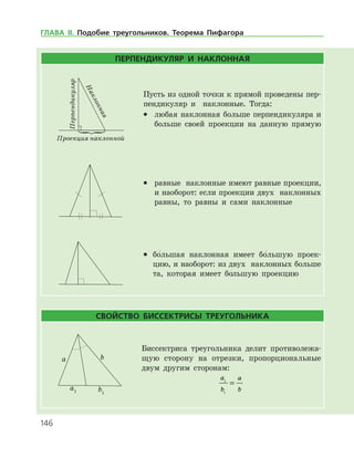 146
ПЕРПЕНДИКУЛЯР И НАКЛОННАЯ
Перпендикуляр
Наклонная
Проекция наклонной
Пусть из одной точки к прямой проведены пер­
пендикуляр и наклонные. Тогда:
•	 любая наклонная больше перпендикуляра и
больше своей проекции на данную прямую
•	 равные наклонные имеют равные проекции,
и наоборот: если проекции двух наклонных
равны, то равны и сами наклонные
•	 бо
/
 льшая наклонная имеет бо
/
 льшую проек­
цию, и наоборот: из двух наклонных больше
та, которая имеет бо
/
 льшую проекцию
СВОЙСТВО БИССЕКТРИСЫ ТРЕУГОЛЬНИКА
Биссектриса треугольника делит противолежа­
щую сторону на отрезки, пропорциональные
двум другим сторонам:
a
b
a
b
1
1
=
ГЛАВА ІІ. Подобие треугольников. Теорема Пифагора
 