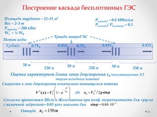 26
Построение каскада бесплотинных ГЭС
Поток воды
V0=5м/с 0.7V0 0.95V0 0.7V0
0.95V0
250 м 250 м 250 м
50 м 50 м50 м
0.95V0
Триада микроГЭС
Площадь турбины ~ 12-15 м2
Вес ~ 2-3 т
Pтриады ~ 200 кВт
W1
` ~ ¼ W0
Pкаскада ~ 0.8 МВт/км
Pкаскада/ Pплотины ~ 0.3
Скорость в зоне доускорения изначально покоящегося потока










0
12
0
2 x
x
eVxV )( sin/ gVx 2
2
00 
Оценка характерной длина зоны доускорения x0 (восстановление 2/3
энергии исходного потока)
Согласно уравнениям Шези и Железнякова при коэф. шероховатости для «русла
с каменной заброской» 0.03 угол наклона дна 3
10840 
 .sin
Откуда мx 1500 
где
 