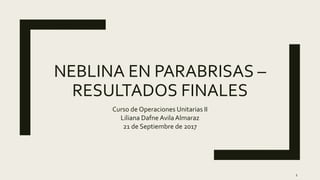 NEBLINA EN PARABRISAS –
RESULTADOS FINALES
Curso de Operaciones Unitarias II
Liliana Dafne Avila Almaraz
21 de Septiembre de 2017
1
 