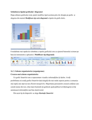 Schimbarea tipului graficului / diagramei
Dupa editarea graficului creat, puteti modifica tipul acestuia prin clic dreapta pe grafic şi
alegerea din meniul Modificare tip serie diagramǎ a tipului de grafic dorit..




0 modalitate mai rapida de schimbare a tipului graficului este cu ajutorul butonului existent pe
bara de instrumente a aplicatiei ( Modificare tip diagramǎ)




14. 3. Scheme organizatorice (organigrame)
Crearea unei scheme organizatorice
   Un grafic SmartArt este o reprezentare vizuală a informațiilor și ideilor. Aveți
posibilitatea să creați grafice SmartArt dacă alegeți din mai multe aspecte pentru a comunica
mai rapid, mai ușor și mai eficient mesajul dvs. Majoritatea persoanelor creează conținut care
constă numai din text, chiar dacă ilustraiile și graficele ajută publicul să înțeleagă și să își
amintească informațiile mai bine decât textul.
   Din acest tip de diapozitiv se alege iIustraţie SmartArt
 