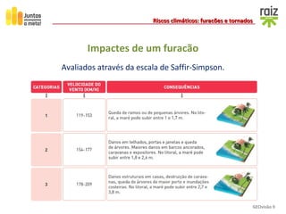 GEOvisão 9
Riscos climáticos: furacões e tornadosRiscos climáticos: furacões e tornados
Avaliados através da escala de Saffir-Simpson.
Impactes de um furacão
 