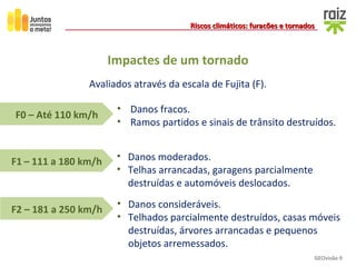 GEOvisão 9
Riscos climáticos: furacões e tornadosRiscos climáticos: furacões e tornados
F0 – Até 110 km/h
F1 – 111 a 180 km/h
F2 – 181 a 250 km/h
• Danos fracos.
• Ramos partidos e sinais de trânsito destruídos.
• Danos moderados.
• Telhas arrancadas, garagens parcialmente
destruídas e automóveis deslocados.
• Danos consideráveis.
• Telhados parcialmente destruídos, casas móveis
destruídas, árvores arrancadas e pequenos
objetos arremessados.
Avaliados através da escala de Fujita (F).
Impactes de um tornado
 