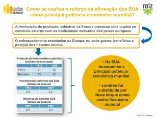 Hora H 9 / História
Como se explica o reforço da afirmação dos EUA
como principal potência económica mundial?
A diminuição da produção industrial na Europa provocou uma quebra no
comércio externo com os tradicionais mercados dos países europeus.
O enfraquecimento económico da Europa, no após guerra, beneficiou a
posição dos Estados Unidos.
• Os EUA
tornaram-se a
principal potência
económica mundial
• Londres foi
substituída por
Nova Iorque como
centro financeiro
mundial
 