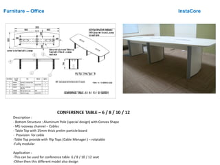 Furniture – Office InstaCore
CONFERENCE TABLE – 6 / 8 / 10 / 12
Description :
- Bottom Structure : Aluminum Pole (special design) with Convex Shape
- MS raceway channel – Cables
- Table Top with 25mm thick prelim particle board
- Provision for cable
-Table Top provide with Flip Tops (Cable Manager ) – rotatable
-Fully modular
Application :
-This can be used for conference table 6 / 8 / 10 / 12 seat
-Other then this different model also design
348 348
3300
1200
744
FlipTop:3Nos,Type- B
255255
M10- Level adjuster will befixedonsiteif it required
corner tobefixedwithLclamps BottomstructureandTabletop
fixedwith3Nosof Lclamps
eachside
BOTTOMSTRUCTUREASSEMBLE
WITH2nosmini fixandLclamp
oneachside
2
4
1
2
3
1
4
2
5
1
ItemNumber Document
Number
Title Material Quantity
1 30330381 LegAssyfor conferencetable 2
2 30330391 Modesty-1 25mmthk PLB 4
3 30330387 LegAssyfor conference
table-mid
1
4 30330386 Racewaychannel-wood CRCA 2
5 30330390 TableTop-12seater. 25mmthk PLB 1
1650 1650
CONFERENCETABLE-6/ 8 / 10/ 12SEATER
FOR6/ 8 / 10SEATER2LEGS
 