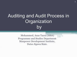 Auditing and Audit Process in
Organization
by
Mohammed, Anas Taura (MBA)
Programme and Studies Department
Manpower Development Institute,
Dutse Jigawa State.
Thursday, June
23, 2016
1
 