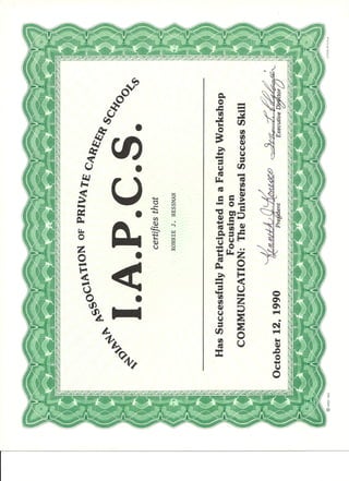 IAPCS 1990 Communication Faculty Workshop Certificate