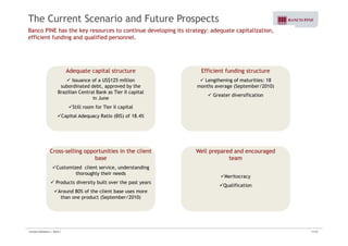 The Current Scenario and Future Prospects 
Banco PINE has the key resources to continue developing its strategy: adequate capitalization, 
efficient funding and qualified personnel. 
Adequate capital structure 
9 Issuance of a US$125 million 
subordinated debt, approved by the 
Brazilian Central Bank as Tier II capital 
Efficient funding structure 
9 Lengthening of maturities: 18 
months average (September/2010) 
9 in June Greater diversification 
9Still room for Tier II capital 
9Capital Adequacy Ratio (BIS) of 18.4% 
Cross selling opportunities in the client 
Well prepared and encouraged 
team 
9Meritocracy 
Cross-base 
9Customized client service, understanding 
thoroughly their needs y 
9Qualification 
9 Products diversity built over the past years 
9Around 80% of the client base uses more 
than one product (September/2010) 
Investor Relations | 3Q10 | 11/33 
 