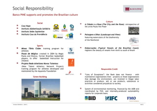Social Responsibility 
Banco PINE supports and promotes the Brazilian culture 
Social 
Casa Hope 
Instituto Alfabetização Solidária 
Culture 
A Cidade e a Rosa (The City and the Rose): retrospective of 
the artist Paulo Von Poser 
Instituto Sedes Sapientiae 
Instituto Casa da Providência Paisagem e Olhar (Landscape and View): 
featuring watercolors of the biodiversity 
of the Rainforest 
Sports 
Minas Tênis Clube: training program for 
athletes 
Passe de Mágica: created in 2004 by Magic 
P l d B f B ili b k tb ll 
Embarcações (Typical Vessels of the Brazilian Coast): 
registers the beauty of vessels from north to south of Brazil 
Paula and Branca, former Brazilian basketball 
players, to offer basketball instruction for 
children 
Projeto Rede Atletismo Novos Talentos: 
(New Talent Athletics Network Project) 
training program for athletes developed and 
maintained by the Aquarela Foundation 
Green Building 
Responsible Credit 
“Lists of Exceptions”: the Bank does not finance – with 
multilateral organizations lines - projects or those organizations 
that damage the environment, are involved in illegal labor 
practices or produce, sell or use products, substances or 
activities considered prejudicial to society. 
System of environmental monitoring, financed by the IADB and 
coordinated by FGV, and internally-produced sustainability 
reports for corporate loans 
loans. 
Investor Relations | 3Q10 | 28/33 
 