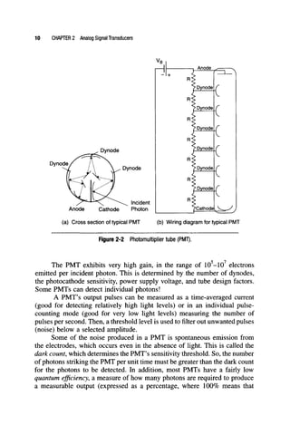 10 CHAPTER 2 Analog Signal Transducers
Dynode
Dynode
Dynode
Incident
Anode Cathode Photon
(a) Cross section of typical PMT
Anode
^Dynode
* Dynode
* Dynode
* Dynode
»Dynode
»DynodeI
^Cathode!
(b) Wiring diagrann for typical PMT
Figure 2-2 Photomultiplier tube (PMT).
The PMT exhibits very high gain, in the range of 10-10 electrons
emitted per incident photon. This is determined by the number of dynodes,
the photocathode sensitivity, power supply voltage, and tube design factors.
Some PMTs can detect individual photons!
A PMT's output pulses can be measured as a time-averaged current
(good for detecting relatively high light levels) or in an individual pulse-
counting mode (good for very low light levels) measuring the number of
pulses per second. Then, a threshold level is used tofilterout unwanted pulses
(noise) below a selected amplitude.
Some of the noise produced in a PMT is spontaneous emission from
the electrodes, which occurs even in the absence of light. This is called the
dark count, which determines the PMT's sensitivity threshold. So, the number
of photons striking the PMT per unit time must be greater than the dark count
for the photons to be detected. In addition, most PMTs have a fairly low
quantum efficiency, a measure of how many photons are required to produce
a measurable output (expressed as a percentage, where 100% means that
 