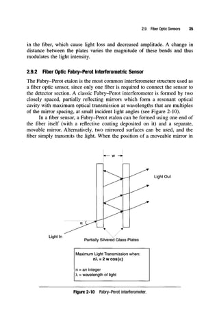 2.9 Fiber Optic Sensors 25
in the fiber, which cause light loss and decreased amplitude. A change in
distance between the plates varies the magnitude of these bends and thus
modulates the light intensity.
2.9.2 Fiber Optic Fabry-Perot Interferometric Sensor
The Fabry-Perot etalon is the most common interferometer structure used as
a fiber optic sensor, since only one fiber is required to connect the sensor to
the detector section. A classic Fabry-Perot interferometer is formed by two
closely spaced, partially reflecting mirrors which form a resonant optical
cavity with maximum optical transmission at wavelengths that are multiples
of the mirror spacing, at small incident light angles (see Figure 2-10).
In a fiber sensor, a Fabry-Perot etalon can be formed using one end of
the fiber itself (with a reflective coating deposited on it) and a separate,
movable mirror. Alternatively, two mirrored surfaces can be used, and the
fiber simply transmits the light. When the position of a moveable mirror in
Ligiit Out
Light In
Partially Silvered Glass Plates
Maximum Light Transmission when:
n?i = 2 w cos(a)
n = an integer
X = wavelength of light
Figure 2-10 Fabry-Perot interferometer.
 