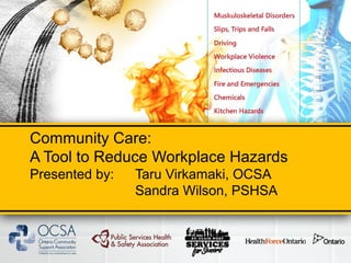 Community Care:
A Tool to Reduce Workplace Hazards
Presented by: Taru Virkamaki, OCSA
Sandra Wilson, PSHSA
 