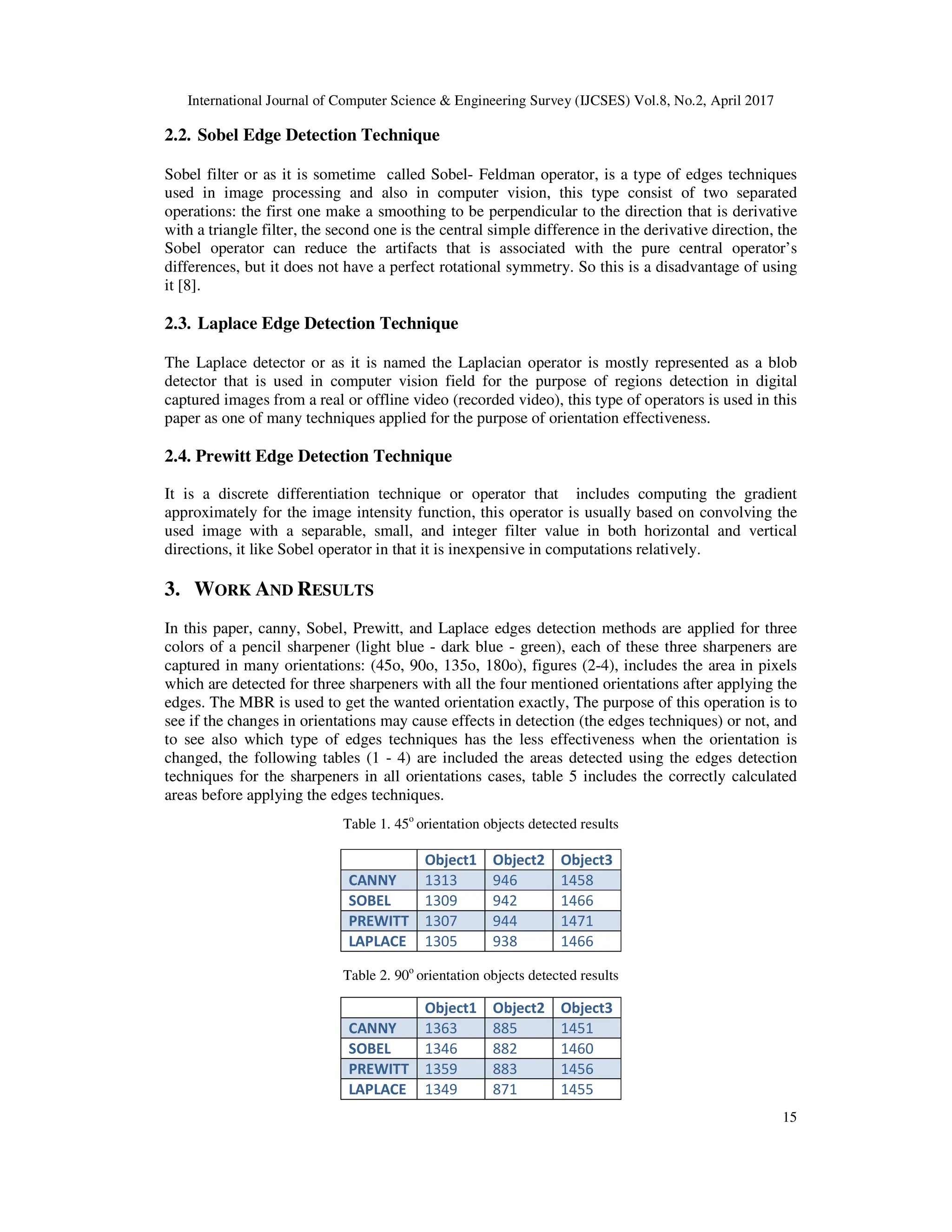 International Journal of Computer Science & Engineering Survey (IJCSES) Vol.8, No.2, April 2017
15
2.2. Sobel Edge Detection Technique
Sobel filter or as it is sometime called Sobel- Feldman operator, is a type of edges techniques
used in image processing and also in computer vision, this type consist of two separated
operations: the first one make a smoothing to be perpendicular to the direction that is derivative
with a triangle filter, the second one is the central simple difference in the derivative direction, the
Sobel operator can reduce the artifacts that is associated with the pure central operator’s
differences, but it does not have a perfect rotational symmetry. So this is a disadvantage of using
it [8].
2.3. Laplace Edge Detection Technique
The Laplace detector or as it is named the Laplacian operator is mostly represented as a blob
detector that is used in computer vision field for the purpose of regions detection in digital
captured images from a real or offline video (recorded video), this type of operators is used in this
paper as one of many techniques applied for the purpose of orientation effectiveness.
2.4. Prewitt Edge Detection Technique
It is a discrete differentiation technique or operator that includes computing the gradient
approximately for the image intensity function, this operator is usually based on convolving the
used image with a separable, small, and integer filter value in both horizontal and vertical
directions, it like Sobel operator in that it is inexpensive in computations relatively.
3. WORK AND RESULTS
In this paper, canny, Sobel, Prewitt, and Laplace edges detection methods are applied for three
colors of a pencil sharpener (light blue - dark blue - green), each of these three sharpeners are
captured in many orientations: (45o, 90o, 135o, 180o), figures (2-4), includes the area in pixels
which are detected for three sharpeners with all the four mentioned orientations after applying the
edges. The MBR is used to get the wanted orientation exactly, The purpose of this operation is to
see if the changes in orientations may cause effects in detection (the edges techniques) or not, and
to see also which type of edges techniques has the less effectiveness when the orientation is
changed, the following tables (1 - 4) are included the areas detected using the edges detection
techniques for the sharpeners in all orientations cases, table 5 includes the correctly calculated
areas before applying the edges techniques.
Table 1. 45o
orientation objects detected results
Object1 Object2 Object3
CANNY 1313 946 1458
SOBEL 1309 942 1466
PREWITT 1307 944 1471
LAPLACE 1305 938 1466
Table 2. 90o
orientation objects detected results
Object1 Object2 Object3
CANNY 1363 885 1451
SOBEL 1346 882 1460
PREWITT 1359 883 1456
LAPLACE 1349 871 1455
 
