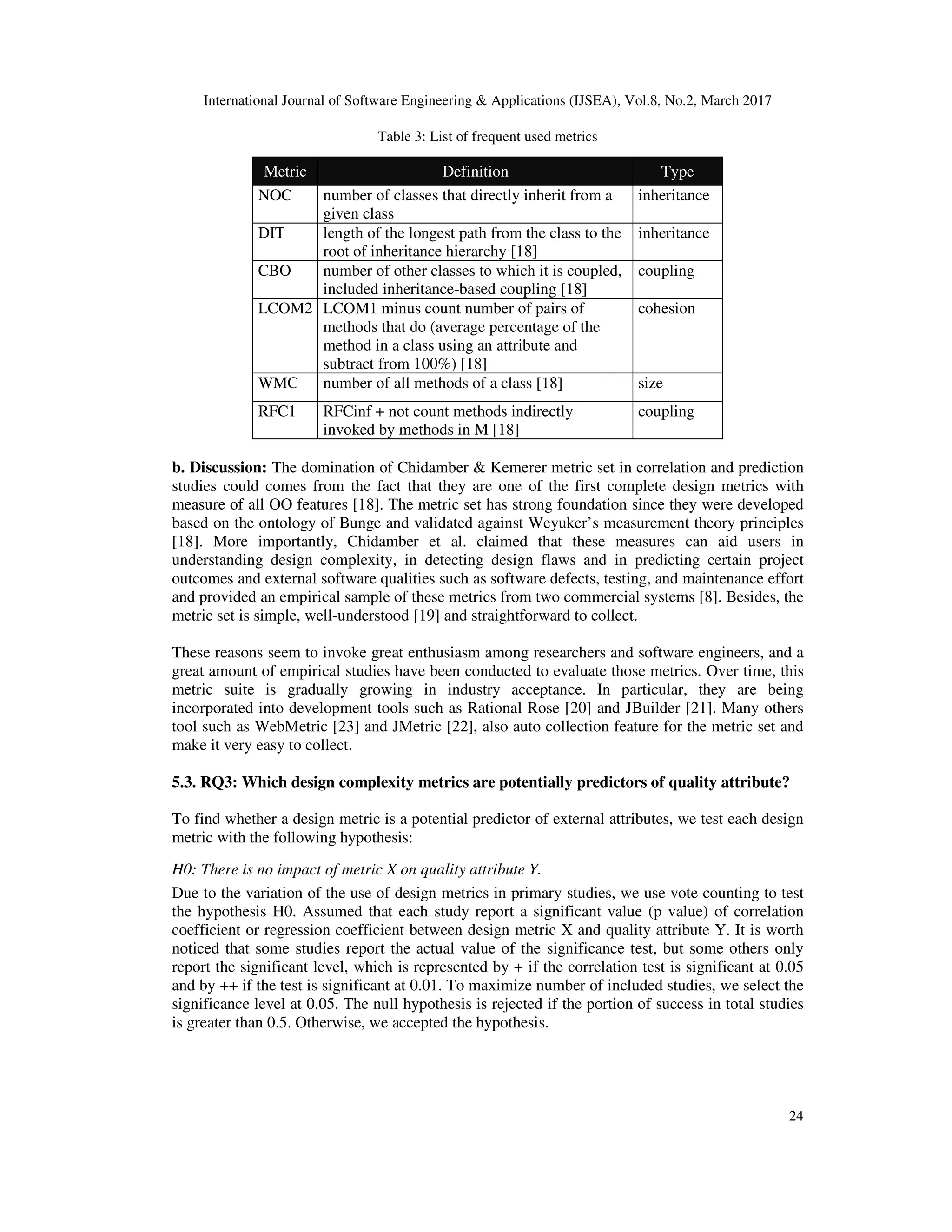 International Journal of Software Engineering & Applications (IJSEA), Vol.8, No.2, March 2017 24 Table 3: List of frequent used metrics Metric Definition Type NOC number of classes that directly inherit from a given class inheritance DIT length of the longest path from the class to the root of inheritance hierarchy [18] inheritance CBO number of other classes to which it is coupled, included inheritance-based coupling [18] coupling LCOM2 LCOM1 minus count number of pairs of methods that do (average percentage of the method in a class using an attribute and subtract from 100%) [18] cohesion WMC number of all methods of a class [18] size RFC1 RFCinf + not count methods indirectly invoked by methods in M [18] coupling b. Discussion: The domination of Chidamber & Kemerer metric set in correlation and prediction studies could comes from the fact that they are one of the first complete design metrics with measure of all OO features [18]. The metric set has strong foundation since they were developed based on the ontology of Bunge and validated against Weyuker’s measurement theory principles [18]. More importantly, Chidamber et al. claimed that these measures can aid users in understanding design complexity, in detecting design flaws and in predicting certain project outcomes and external software qualities such as software defects, testing, and maintenance effort and provided an empirical sample of these metrics from two commercial systems [8]. Besides, the metric set is simple, well-understood [19] and straightforward to collect. These reasons seem to invoke great enthusiasm among researchers and software engineers, and a great amount of empirical studies have been conducted to evaluate those metrics. Over time, this metric suite is gradually growing in industry acceptance. In particular, they are being incorporated into development tools such as Rational Rose [20] and JBuilder [21]. Many others tool such as WebMetric [23] and JMetric [22], also auto collection feature for the metric set and make it very easy to collect. 5.3. RQ3: Which design complexity metrics are potentially predictors of quality attribute? To find whether a design metric is a potential predictor of external attributes, we test each design metric with the following hypothesis: H0: There is no impact of metric X on quality attribute Y. Due to the variation of the use of design metrics in primary studies, we use vote counting to test the hypothesis H0. Assumed that each study report a significant value (p value) of correlation coefficient or regression coefficient between design metric X and quality attribute Y. It is worth noticed that some studies report the actual value of the significance test, but some others only report the significant level, which is represented by + if the correlation test is significant at 0.05 and by ++ if the test is significant at 0.01. To maximize number of included studies, we select the significance level at 0.05. The null hypothesis is rejected if the portion of success in total studies is greater than 0.5. Otherwise, we accepted the hypothesis. 