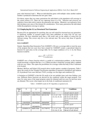 International Journal of Software Engineering & Applications (IJSEA), Vol.8, No.2, March 2017
124
gene value between 0 and 1. When an individual has genes with multiple values another random
number is produced to determine the new gene value.
GA theory argues that over many generations the individuals in the population will converge to
the correct answer [17]. There are two opposing forces in a GA. Selection and crossover are
exploitive forces that work to narrow the generation into optima. Mutation is an explorative force
that introduces new areas of the domain for consideration. Over many generations the individuals
within the population converge to optima.
2.2. Employing the GA as Structural Test Generator
Because GAs are appropriate for searching, they are well suited for structural test case generation.
A significant number of research papers have been published on using GAs for test case
generation. We have identified more than a 100 works only on the subject of using GAs for
software testing. This review only lists a few relevant ones. We survey only those of specific
relevance.
2.2.1. GADGET
Genetic Algorithm Data Generation Tool, GADGET, [18] uses a coverage table to track the areas
of the program that test cases have been created for. GADGET creates a specialized objective
function for each entry on the coverage table. So if a target condition is if (c >= d), the fitness
function would be:
=
− , 	 ≥
0, ℎ
(1)
GADGET uses a fitness function which is a model of a minimization problem, so this function
would encourage a solution that has c >= d. When test data is found the coverage table is updated
with test case values. This opens the possibilities for coverage within the body of the if statement
to be located.
Michael, McGraw and Schatz [18] research shows results against a number of programs. Table 1
shows the results for the Triangle Classification algorithm as reported in Sofokleous and Andreou
[2]. It produced 9 test cases that have 79.6% coverage over the edges and conditions [2].
A limitation to GADGET is that the GA needs to be run multiple times each time finding a test
case. Different fitness functions are derived for the conditions within the target program. Test
cases for some areas of the target program cannot be obtained until test cases for previous areas
are obtained. This occurs when targets are in the body of conditional statements [2].
Table 1. GADGET results for TC Algorithm as reported in [2]
Test
#
I j k Edges Conditions
1 1680498885 1961702355 -1490056820 1, 2 A1=F; A2= F; A3=T
2 1293470477 1898197634 465181194 1, 3, 4, 7, 10,
13, 14, 15, 16
A1=F; A2=F; A3=F;
B1=F; C1=F; D1=F;
E1=T; F1=F; F2=F;
F3=T
3 -120192928 1041962067 280365949 1, 2 A1=T
4 841354299 -
1802686561
-209782592 1, 2 A1=F; A2=T
5 1056804119 660913846 1617709752 1, 3, 4, 7, 10,
13, 14, 17, 18
A1=F; A2= F; A3=F;
B1=F; C1=F; D1=F;
 