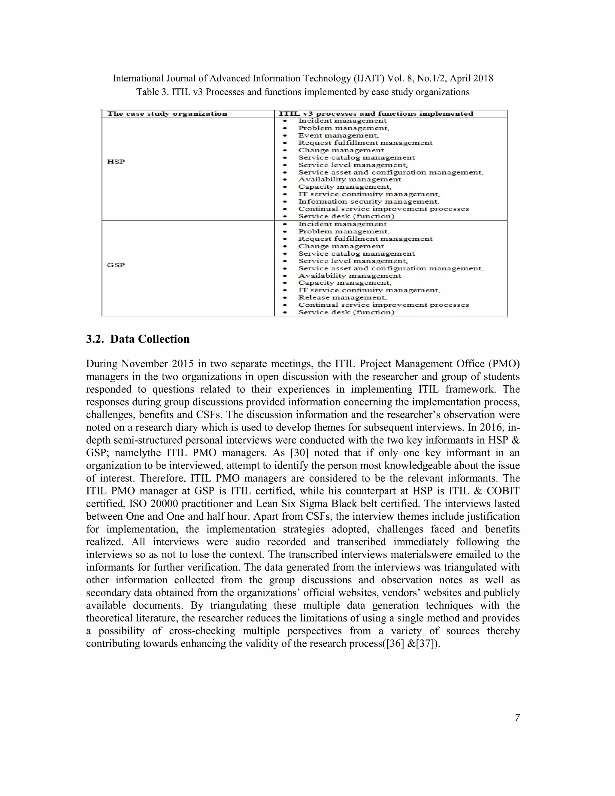 International Journal of Advanced Information Technology (IJAIT) Vol. 8, No.1/2, April 2018
7
Table 3. ITIL v3 Processes and functions implemented by case study organizations
3.2. Data Collection
During November 2015 in two separate meetings, the ITIL Project Management Office (PMO)
managers in the two organizations in open discussion with the researcher and group of students
responded to questions related to their experiences in implementing ITIL framework. The
responses during group discussions provided information concerning the implementation process,
challenges, benefits and CSFs. The discussion information and the researcher’s observation were
noted on a research diary which is used to develop themes for subsequent interviews. In 2016, in-
depth semi-structured personal interviews were conducted with the two key informants in HSP &
GSP; namelythe ITIL PMO managers. As [30] noted that if only one key informant in an
organization to be interviewed, attempt to identify the person most knowledgeable about the issue
of interest. Therefore, ITIL PMO managers are considered to be the relevant informants. The
ITIL PMO manager at GSP is ITIL certified, while his counterpart at HSP is ITIL & COBIT
certified, ISO 20000 practitioner and Lean Six Sigma Black belt certified. The interviews lasted
between One and One and half hour. Apart from CSFs, the interview themes include justification
for implementation, the implementation strategies adopted, challenges faced and benefits
realized. All interviews were audio recorded and transcribed immediately following the
interviews so as not to lose the context. The transcribed interviews materialswere emailed to the
informants for further verification. The data generated from the interviews was triangulated with
other information collected from the group discussions and observation notes as well as
secondary data obtained from the organizations’ official websites, vendors’ websites and publicly
available documents. By triangulating these multiple data generation techniques with the
theoretical literature, the researcher reduces the limitations of using a single method and provides
a possibility of cross-checking multiple perspectives from a variety of sources thereby
contributing towards enhancing the validity of the research process([36] &[37]).
 