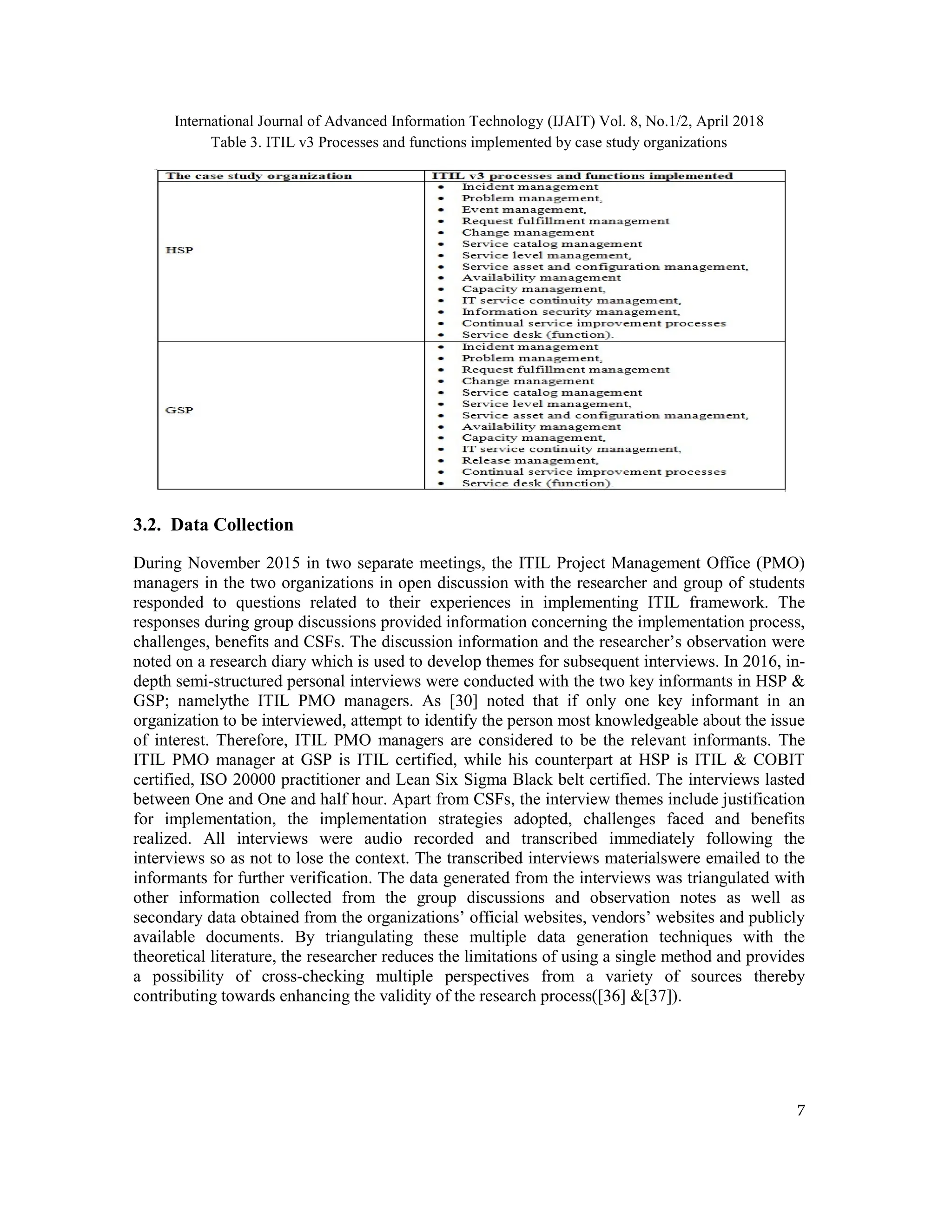 International Journal of Advanced Information Technology (IJAIT) Vol. 8, No.1/2, April 2018
7
Table 3. ITIL v3 Processes and functions implemented by case study organizations
3.2. Data Collection
During November 2015 in two separate meetings, the ITIL Project Management Office (PMO)
managers in the two organizations in open discussion with the researcher and group of students
responded to questions related to their experiences in implementing ITIL framework. The
responses during group discussions provided information concerning the implementation process,
challenges, benefits and CSFs. The discussion information and the researcher’s observation were
noted on a research diary which is used to develop themes for subsequent interviews. In 2016, in-
depth semi-structured personal interviews were conducted with the two key informants in HSP &
GSP; namelythe ITIL PMO managers. As [30] noted that if only one key informant in an
organization to be interviewed, attempt to identify the person most knowledgeable about the issue
of interest. Therefore, ITIL PMO managers are considered to be the relevant informants. The
ITIL PMO manager at GSP is ITIL certified, while his counterpart at HSP is ITIL & COBIT
certified, ISO 20000 practitioner and Lean Six Sigma Black belt certified. The interviews lasted
between One and One and half hour. Apart from CSFs, the interview themes include justification
for implementation, the implementation strategies adopted, challenges faced and benefits
realized. All interviews were audio recorded and transcribed immediately following the
interviews so as not to lose the context. The transcribed interviews materialswere emailed to the
informants for further verification. The data generated from the interviews was triangulated with
other information collected from the group discussions and observation notes as well as
secondary data obtained from the organizations’ official websites, vendors’ websites and publicly
available documents. By triangulating these multiple data generation techniques with the
theoretical literature, the researcher reduces the limitations of using a single method and provides
a possibility of cross-checking multiple perspectives from a variety of sources thereby
contributing towards enhancing the validity of the research process([36] &[37]).
 