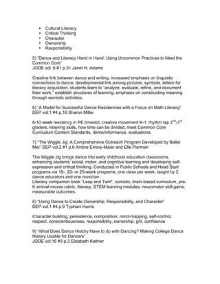 • Cultural Literacy
• Critical Thinking
• Character
• Ownership
• Responsibility
5) “Dance and Literacy Hand in Hand: Using Uncommon Practices to Meet the
Common Core”
JODE vol. 6 #1 p.31 Janet H. Adams
Creative link between dance and writing, increased emphasis on linguistic
connections to dance, developmental link among pictures, symbols, letters for
literacy acquisition, students learn to “analyze, evaluate, refine, and document
their work,” establish structures of learning, emphasis on constructing meaning
through semiotic activities.
6) “A Model for Successful Dance Residencies with a Focus on Math Literacy”
DEP vol.1 #4 p.16 Sharon Miller
8-10 week residency in PE timeslot, creative movement K-1, rhythm tap 2nd
-3rd
graders, listening skills, how time can be divided, meet Common Core
Curriculum Content Standards, demo/informance, evaluations.
7) “The Wiggle Jig: A Comprehensive Outreach Program Developed by Ballet
Met” DEP vol.2 #1 p.6 Ambre Emory-Maier and Elle Pierman
The Wiggle Jig brings dance into early childhood education classrooms,
enhancing students’ social, motor, and cognitive learning and developing self-
expression and critical thinking. Conducted in Public Schools and Head Start
programs via 10-, 20- or 25-week programs, one class per week, taught by 2
dance educators and one musician.
Literacy companion book “Leap and Twirl”, somatic, brain-based curriculum, pre-
K animal moves rubric, literacy, STEM learning modules, neuromotor skill gains,
measurable outcomes.
8) “Using Dance to Create Ownership, Responsibility, and Character”
DEP vol.1 #4 p.9 Typhani Harris
Character building, persistence, composition, mind-mapping, self-control,
respect, conscientiousness, responsibility, ownership, grit, confidence
9) “What Does Dance History Have to do with Dancing? Making College Dance
History Usable for Dancers”
JODE vol.16 #3 p.3 Elizabeth Kattner
 