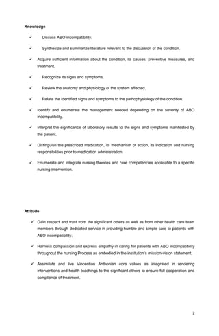 Knowledge
 Discuss ABO incompatibility.
 Synthesize and summarize literature relevant to the discussion of the condition.
 Acquire sufficient information about the condition, its causes, preventive measures, and
treatment.
 Recognize its signs and symptoms.
 Review the anatomy and physiology of the system affected.
 Relate the identified signs and symptoms to the pathophysiology of the condition.
 Identify and enumerate the management needed depending on the severity of ABO
incompatibility.
 Interpret the significance of laboratory results to the signs and symptoms manifested by
the patient.
 Distinguish the prescribed medication, its mechanism of action, its indication and nursing
responsibilities prior to medication administration.
 Enumerate and integrate nursing theories and core competencies applicable to a specific
nursing intervention.
Attitude
 Gain respect and trust from the significant others as well as from other health care team
members through dedicated service in providing humble and simple care to patients with
ABO incompatibility.
 Harness compassion and express empathy in caring for patients with ABO incompatibility
throughout the nursing Process as embodied in the institution’s mission-vision statement.
 Assimilate and live Vincentian Anthonian core values as integrated in rendering
interventions and health teachings to the significant others to ensure full cooperation and
compliance of treatment.
2
 