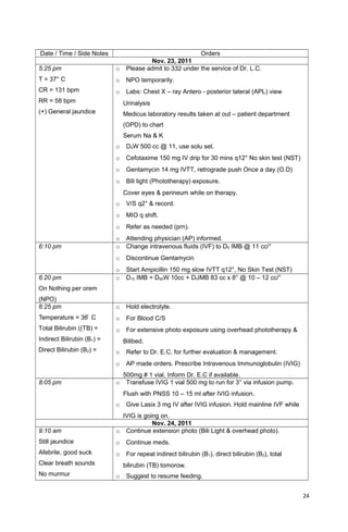 Date / Time / Side Notes Orders
Nov. 23, 2011
5:25 pm
T = 37° C
CR = 131 bpm
RR = 58 bpm
(+) General jaundice
o Please admit to 332 under the service of Dr. L.C.
o NPO temporarily.
o Labs: Chest X – ray Antero - posterior lateral (APL) view
Urinalysis
Medicus laboratory results taken at out – patient department
(OPD) to chart
Serum Na & K
o D5W 500 cc @ 11, use solu set.
o Cefotaxime 150 mg IV drip for 30 mins q12° No skin test (NST)
o Gentamycin 14 mg IVTT, retrograde push Once a day (O.D)
o Bili light (Phototherapy) exposure.
Cover eyes & perineum while on therapy.
o V/S q2° & record.
o MIO q shift.
o Refer as needed (prn).
o Attending physician (AP) informed.
6:10 pm o Change intravenous fluids (IVF) to D5 IMB @ 11 cc/°
o Discontinue Gentamycin
o Start Ampicillin 150 mg slow IVTT q12°, No Skin Test (NST)
6:20 pm
On Nothing per orem
(NPO)
o D10 IMB = D50W 10cc + D5IMB 83 cc x 8° @ 10 – 12 cc/°
6:25 pm
Temperature = 36 C̊
Total Bilirubin ((TB) =
Indirect Bilirubin (B1) =
Direct Bilirubin (B2) =
o Hold electrolyte.
o For Blood C/S
o For extensive photo exposure using overhead phototherapy &
Bilibed.
o Refer to Dr. E.C. for further evaluation & management.
o AP made orders. Prescribe Intravenous Immunoglobulin (IVIG)
500mg # 1 vial. Inform Dr. E.C if available.
8:05 pm o Transfuse IVIG 1 vial 500 mg to run for 3° via infusion pump.
Flush with PNSS 10 – 15 ml after IVIG infusion.
o Give Lasix 3 mg IV after IVIG infusion. Hold mainline IVF while
IVIG is going on.
Nov. 24, 2011
9:10 am
Still jaundice
Afebrile, good suck
Clear breath sounds
No murmur
o Continue extension photo (Bili Light & overhead photo).
o Continue meds.
o For repeat indirect bilirubin (B1), direct bilirubin (B2), total
bilirubin (TB) tomorow.
o Suggest to resume feeding.
24
 