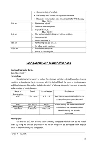 • Consume stock of ursofalk.
• For hearing test, for high risk hyperbilirubenemia
• May delay immunization after 3 months old after IVIG therapy.
Nov. 29, 2011
6:50 am o Discontinue bilibed.
o Continue overhead photo.
o Repeat TB, B1,B2.
Nov. 30, 2011
9:40 am o May go home (MGH) this pm, if with no problem.
o Summarize bill.
o Please inform Dr. E.C.
9:50 am o For hearing test c/o Dr. J.V.
o As follow up c/o medicus.
11:20 am o For discharge anytime.
o Return to clinic anytime.
LABORATORY AND DIAGNOSTIC DATA
Medicus Diagnostic Center
Date: Nov. 23, 2011
Hematology:
Hematology is the branch of biology (physiology), pathology, clinical laboratory, internal
medicine, and pediatrics that is concerned with the study of blood, the blood of forming organs,
and blood diseases. Hematology includes the study of etiology, diagnosis, treatment, prognosis,
and prevention of blood diseases.
Name of
Examination
Result Normal values Significance
WBC ↑13.5 x 10^9/L 4.5-11.0 As a compensatory mechanism of the
body against pathogens (Neonatal
Sepsis)
RBC ↓3.86 10^12/L 4.6-6.2 It is caused by the faster than normal
breakdown of the baby’s red blood
cells caused by the mother’s
antibodies.
Hemoglobin ↓122.4 g/L 135-180
Hematocrit ↓0.36 vol. fr. 0.40- 0.56
Radiography
It is the use of X-rays to view a non-uniformly composed material such as the human
body. By using the physical properties of the ray an image can be developed which displays
areas of different density and composition.
Chest X – ray, APL
26
 