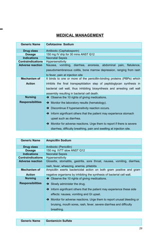 MEDICAL MANAGEMENT
Generic Name Cefotaxime Sodium
Drug class Antibiotic (Cephalosporin)
Dosage 150 mg IV drip for 30 mins ANST Q12
Indications Neonatal Sepsis
Contraindications Hypersensitivity
Adverse reaction Nausea, vomiting, diarrhea, anorexia, abdominal pain, flatulence,
pseudomembranous colitis, bone marrow depression, ranging from rash
to fever, pain at injection site
Mechanism of
Action
It binds to one or more of the penicillin-binding proteins (PBPs) which
inhibits the final transpeptidation step of peptidoglycan synthesis in
bacterial cell wall, thus inhibiting biosynthesis and arresting cell wall
assembly resulting in bacterial cell death.
Nursing
Responsibilities
 Observe the 10 rights of giving medications.
 Monitor the laboratory results (hematology).
 Discontinue if hypersensitivity reaction occurs.
 Inform significant others that the patient may experience stomach
upset such as diarrhea.
 Monitor for adverse reactions. Urge them to report if there is severe
diarrhea, difficulty breathing, pain and swelling at injection site.
Generic Name Ampicillin Sodium
Drug class Antibiotic (Penicillin)
Dosage 150 mg IVTT slow ANST Q12
Indications Neonatal Sepsis
Contraindications Hypersensitivity
Adverse reaction Glossitis, stomatitis, gastritis, sore throat, nausea, vomiting, diarrhea,
rash, fever, wheezing, anemia, phlebitis
Mechanism of
Action
Ampicillin exerts bactericidal action on both gram positive and gram
negative organisms by inhibiting the synthesis of bacterial cell wall.
Nursing
Responsibilities
 Observe the 10 rights of giving medications.
 Slowly administer the drug.
 Inform significant others that the patient may experience these side
effects: nausea, vomiting and GI upset.
 Monitor for adverse reactions. Urge them to report unusal bleeding or
bruising, mouth sores, rash, fever, severe diarrhea and difficulty
breathing.
Generic Name Gentamicin Sulfate
29
 