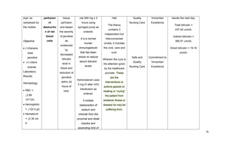 siya” as
verbalized by
the mother.
Objective:
• (+)Genera-
lized
jaundice
• (+) Icteric
sclerae
Laboratory
Results:
Hematology:
• RBC =
↓3.86
10^12/L
• Hemoglobin
= ↓122.4 g/L
• Hematocrit
= ↓0.36 vol.
fr.
perfusion
r/t
destructio
n of red
blood
cells
tissue
perfusion
and lessen
the severity
of jaundice
as
evidenced
by
decreased
bilirubin
level in
blood and
reduction of
jaundice
within 24
hours of
care.
vial 500 mg x 3
hours using
syringed pump as
ordered.
It is a normal
human
immunoglobulin
that has been
shown to reduce
serum bilirubin
levels
Administered Lasix
3 mg IV after IVIG
transfusion as
ordered.
It inhibits
reabsorption of
sodium and
chloride from the
proximal and distal
tubules and
ascending limb of
Hall
The theory
contains 3
independent but
interconnected
circles; it includes
the core, care and
cure.
Wherein the cure is
the attention given
by the healthcare
provider. These
are the
interventions or
actions geared on
treating or “curing”
the patient from
whatever illness or
disease he may be
suffering from.
Quality
Nursing Care
Safe and
Quality
Nursing Care
Vincentian
Excellence
Commitment to
Vincentian
Excellence
results the next day:
Total bilirubin =
437.04 umol/L
Indirect bilirubin =
395.91 umol/L
Direct bilirubin = 19.18
umol/L
36
 