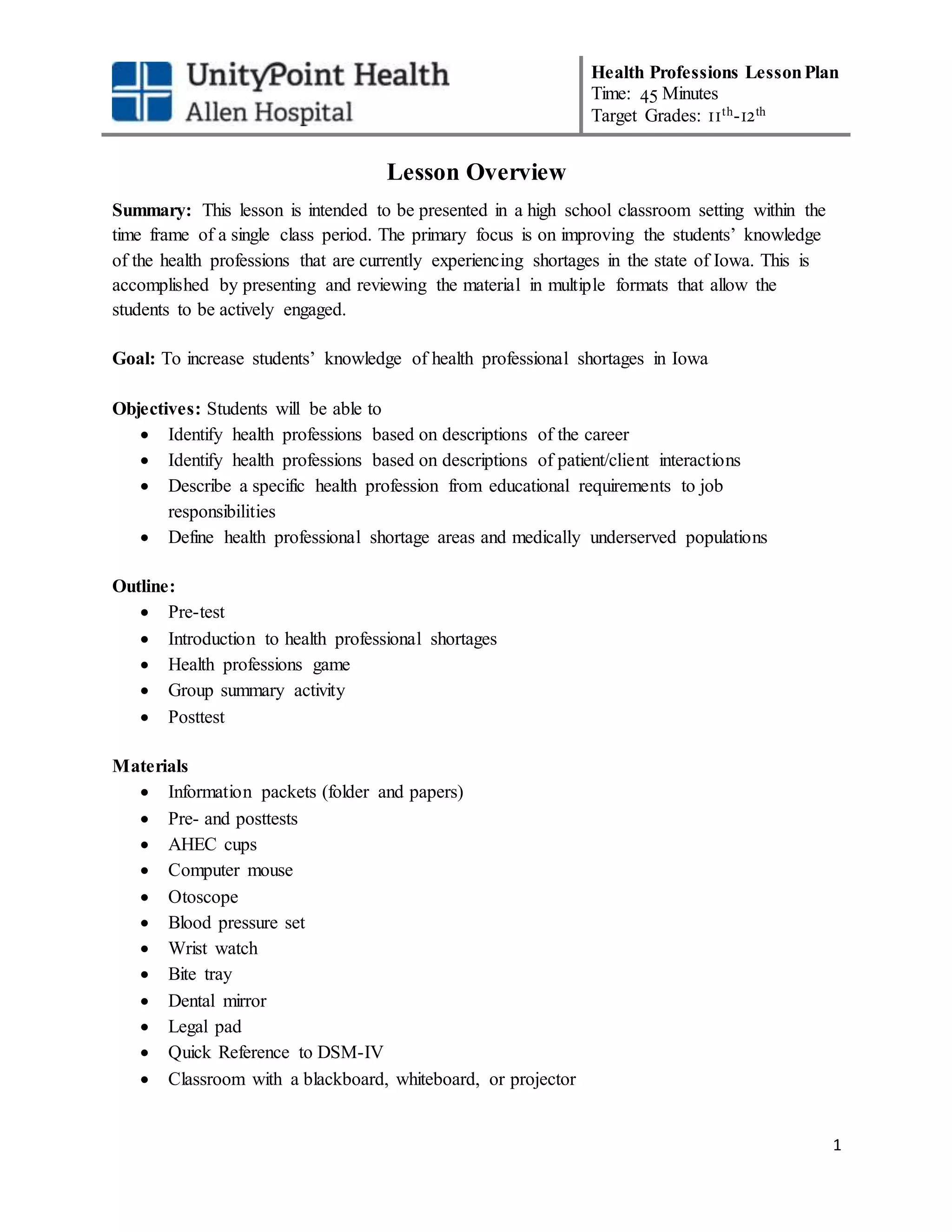 Health Professions Lesson Plan | DOCX