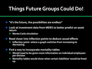 Things Future Groups Could Do!
 “It’s the future, the possibilities are endless”
 Look at investment data from MERS to better predict an asset
return
 Monte Carlo simulation
 Read closer into inflection points to deduce causal effects
 Inflection point- where a graph switches from increasing to
decreasing
 Find a way to incorporate mortality tables
 Would need to be given more information on individual employees
per division
 Mortality tables would show when certain liabilities’ would be freed
up.
 