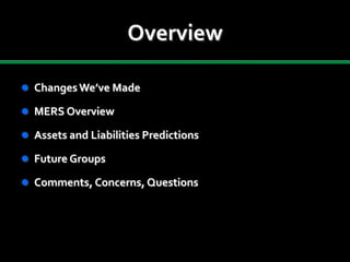 Overview
 ChangesWe’ve Made
 MERS Overview
 Assets and Liabilities Predictions
 Future Groups
 Comments, Concerns, Questions
 