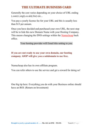 Brought to you by a proud member of …….The ALL in ONE – TEAM - Team16 | P a g e
Generally the cost varies depending on your choice of URL ending
(.com) (.org)(.co.uk)(.biz) etc...
You pay a yearly license fee for your URL and this is usually less
than $13 per annum.
Once you have decided and purchased your own URL, the next step
will be to link this new Domain Name with your Hosting Company.
This means changing the DNS settings within the Namecheap back
office.
Your hosting provider will Email this setting to you.
If you are not ready to use your own domain, our hosting
company AIOP will give you a subdomain to use free.
Namecheap also has its own affiliate program.
You can refer others to use the service and get a reward for doing so!
One big tip here: Everything you do with your Business online should
have an ROI. (Return on Investment)
 