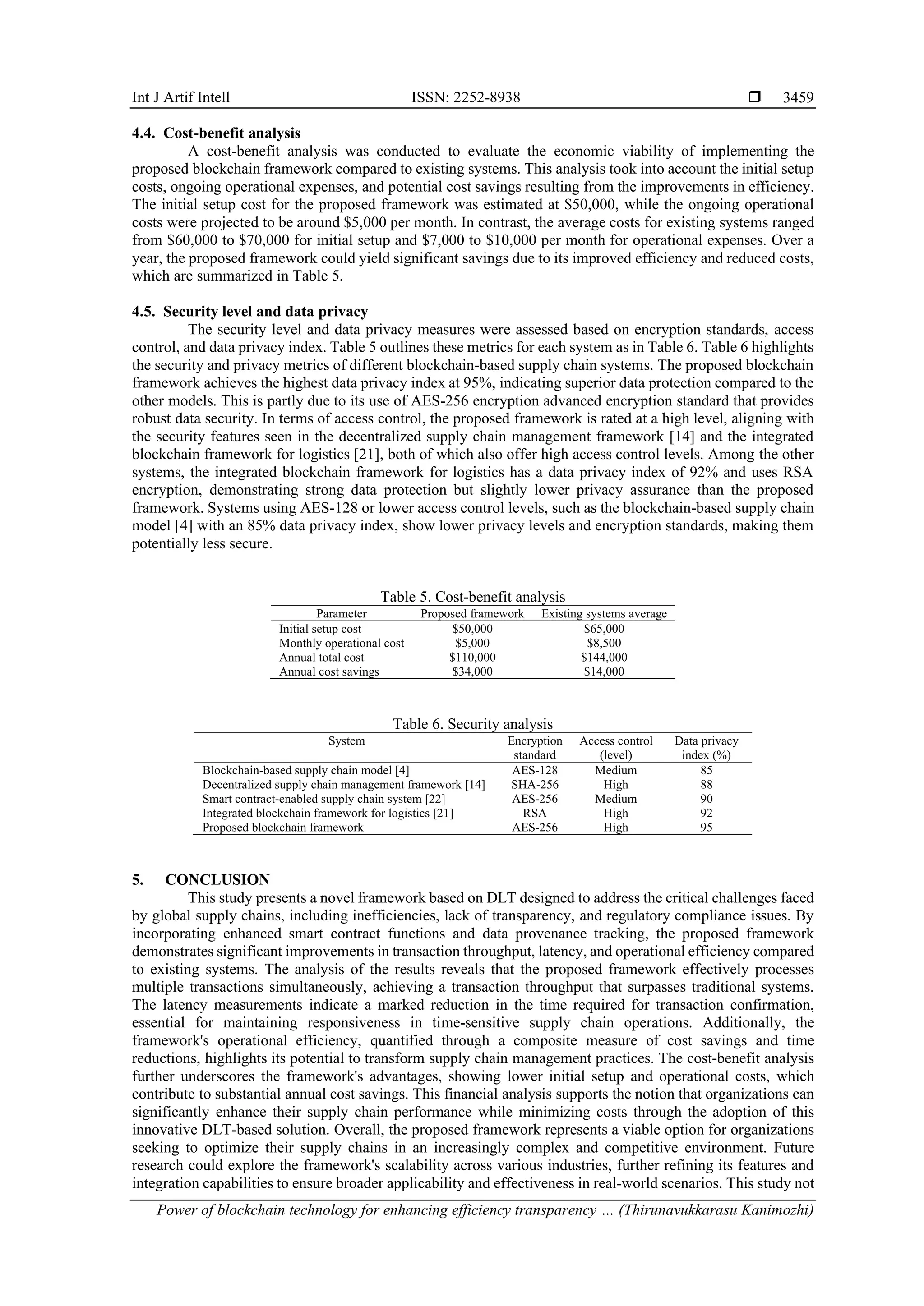 Int J Artif Intell ISSN: 2252-8938 
Power of blockchain technology for enhancing efficiency transparency … (Thirunavukkarasu Kanimozhi)
3459
4.4. Cost-benefit analysis
A cost-benefit analysis was conducted to evaluate the economic viability of implementing the
proposed blockchain framework compared to existing systems. This analysis took into account the initial setup
costs, ongoing operational expenses, and potential cost savings resulting from the improvements in efficiency.
The initial setup cost for the proposed framework was estimated at $50,000, while the ongoing operational
costs were projected to be around $5,000 per month. In contrast, the average costs for existing systems ranged
from $60,000 to $70,000 for initial setup and $7,000 to $10,000 per month for operational expenses. Over a
year, the proposed framework could yield significant savings due to its improved efficiency and reduced costs,
which are summarized in Table 5.
4.5. Security level and data privacy
The security level and data privacy measures were assessed based on encryption standards, access
control, and data privacy index. Table 5 outlines these metrics for each system as in Table 6. Table 6 highlights
the security and privacy metrics of different blockchain-based supply chain systems. The proposed blockchain
framework achieves the highest data privacy index at 95%, indicating superior data protection compared to the
other models. This is partly due to its use of AES-256 encryption advanced encryption standard that provides
robust data security. In terms of access control, the proposed framework is rated at a high level, aligning with
the security features seen in the decentralized supply chain management framework [14] and the integrated
blockchain framework for logistics [21], both of which also offer high access control levels. Among the other
systems, the integrated blockchain framework for logistics has a data privacy index of 92% and uses RSA
encryption, demonstrating strong data protection but slightly lower privacy assurance than the proposed
framework. Systems using AES-128 or lower access control levels, such as the blockchain-based supply chain
model [4] with an 85% data privacy index, show lower privacy levels and encryption standards, making them
potentially less secure.
Table 5. Cost-benefit analysis
Parameter Proposed framework Existing systems average
Initial setup cost $50,000 $65,000
Monthly operational cost $5,000 $8,500
Annual total cost $110,000 $144,000
Annual cost savings $34,000 $14,000
Table 6. Security analysis
System Encryption
standard
Access control
(level)
Data privacy
index (%)
Blockchain-based supply chain model [4] AES-128 Medium 85
Decentralized supply chain management framework [14] SHA-256 High 88
Smart contract-enabled supply chain system [22] AES-256 Medium 90
Integrated blockchain framework for logistics [21] RSA High 92
Proposed blockchain framework AES-256 High 95
5. CONCLUSION
This study presents a novel framework based on DLT designed to address the critical challenges faced
by global supply chains, including inefficiencies, lack of transparency, and regulatory compliance issues. By
incorporating enhanced smart contract functions and data provenance tracking, the proposed framework
demonstrates significant improvements in transaction throughput, latency, and operational efficiency compared
to existing systems. The analysis of the results reveals that the proposed framework effectively processes
multiple transactions simultaneously, achieving a transaction throughput that surpasses traditional systems.
The latency measurements indicate a marked reduction in the time required for transaction confirmation,
essential for maintaining responsiveness in time-sensitive supply chain operations. Additionally, the
framework's operational efficiency, quantified through a composite measure of cost savings and time
reductions, highlights its potential to transform supply chain management practices. The cost-benefit analysis
further underscores the framework's advantages, showing lower initial setup and operational costs, which
contribute to substantial annual cost savings. This financial analysis supports the notion that organizations can
significantly enhance their supply chain performance while minimizing costs through the adoption of this
innovative DLT-based solution. Overall, the proposed framework represents a viable option for organizations
seeking to optimize their supply chains in an increasingly complex and competitive environment. Future
research could explore the framework's scalability across various industries, further refining its features and
integration capabilities to ensure broader applicability and effectiveness in real-world scenarios. This study not
 