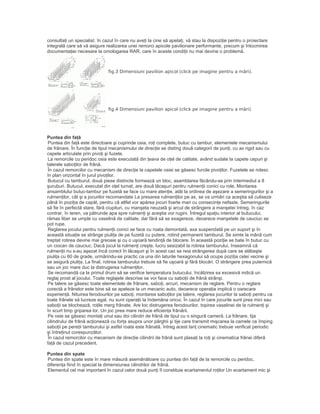 consultaţi un specialist. în cazul în care nu aveţi la cine să apelaţi, vă stau la dispoziţie pentru o proiectare
integrală care să vă asigure realizarea unei remorci apicole pavilionare performante, precum şi întocmirea
documentaţiei necesare la omologarea RAR, care în aceste condiţii nu mai devine o problemă.
fig.3 Dimensiuni pavilion apicol (click pe imagine pentru a mări).
fig.4 Dimensiuni pavilion apicol (click pe imagine pentru a mări).
Puntea din faţă
Puntea din faţă este directoare şi cuprinde osia, roţi complete, butuc cu tambur, elementele mecanismului
de frânare. În funcţie de tipul mecanismului de direcţie se disting două categorii de punţi, cu ax rigid sau cu
capete articulate prin pivoţi şi fuzete.
La remorcile cu peridoc osia este executată din ţeava de oţel de calitate, având sudate la capete cepuri şi
talerele saboţilor de frână.
În cazul remorcilor cu mecanism de direcţie la capetele osiei se găsesc furcile pivoţilor. Fuzetele se rotesc
în plan orizontal în jurul pivoţilor.
Butucul cu tamburul, două piese distincte formează un bloc, asamblarea făcându-se prin intermediul a 8
şuruburi. Butucul, executat din oţel turnat, are două lăcaşuri pentru rulmenţii conici cu role. Montarea
ansamblului butuc-tambur pe fuzetă se face cu mare atenţie, atât la ordinea de aşezare a semeringurilor şi a
rulmenţilor, cât şi a jocurilor recomandate La presarea rulmenţilor pe ax, se va urmări ca aceştia să culiseze
până în poziţia de capăt, pentru că altfel vor apărea jocuri foarte mari cu consecinţe nefaste. Semeringurile
să fie în perfectă stare, fără ciupituri, cu manşeta neuzată şi arcul de strângere a manşetei întreg. în caz
contrar, în teren, va pătrunde apa spre rulmenţi şi aceştia vor rugini. Întregul spaţiu interior al butucului,
rămas liber se umple cu vaselină de calitate, dar fără să se exagereze, deoarece manşetele de cauciuc se
pot rupe.
Reglarea jocului pentru rulmenţii conici se face cu roata demontată, axa suspendată pe un suport şi în
această situaţie se strânge piuliţa de pe fuzetă cu putere, rotind permanent tamburul. Se simte la mână cum
treptat rotirea devine mai greoaie şi cu o uşoară tendinţă de blocare. În această poziţie se bate în butuc cu
un ciocan de cauciuc. Dacă jocul la rulmenţi creşte, lucru sesizabil la rotirea tamburului, înseamnă că
rulmenţii nu s-au aşezat încă corect în lăcaşuri şi în acest caz se reia strângerea după care se slăbeşte
piuliţa cu 60 de grade, urmărindu-se practic ca una din laturile hexagonului să ocupe poziţia celei vecine şi
se asigură piuliţa. La final, rotirea tamburului trebuie să fie uşoară şi fără blocări. O strângere prea puternică
sau un joc mare duc la distrugerea rulmenţilor.
Se recomandă ca la primul drum să se verifice temperatura butucului. încălzirea sa excesivă indică un
reglaj prost al jocului. Toate reglajele descrise se vor face cu saboţii de frână strânşi.
Pe talere se găsesc toate elementele de frânare, saboţi, arcuri, mecanism de reglare. Pentru o reglare
corectă a frânelor este bine să se apeleze la un mecanic auto, deoarece operaţia implică o oarecare
experienţă. Nituirea ferodourilor pe saboţi, montarea saboţilor pe talere, reglarea jocurilor la saboţi pentru ca
toate frânele să lucreze egal, nu sunt operaţii la îndemâna oricui. În cazul în care jocurile sunt prea mici sau
saboţii se blochează, roţile merg frânate. Are loc distrugerea ferodourilor, topirea vaselinei de la rulmenţi şi
în scurt timp griparea lor. Un joc prea mare reduce eficienţa frânării.
Pe osie se găsesc montaţi unul sau doi cilindri de frână de tipul cu o singură cameră. La frânare, tija
cilindrului de frână acţionează cu forţa asupra unor pârghii şi tije care transmit mişcarea la camele ce împing
saboţii pe pereţii tamburului şi astfel roata este frânată. întreg acest lanţ cinematic trebuie verificat periodic
şi întreţinut corespunzător.
În cazul remorcilor cu mecanism de direcţie cilindrii de frână sunt plasaţi la roţi şi cinematica frânei diferă
faţă de cazul precedent.
Puntea din spate
Puntea din spate este în mare măsură asemănătoare cu puntea din faţă de la remorcile cu peridoc,
diferenţa fiind în special la dimensiunea cilindrilor de frână.
Elementul cel mai important în cazul celor două punţi îl constituie ecartamentul roţilor Un ecartament mic şi
 