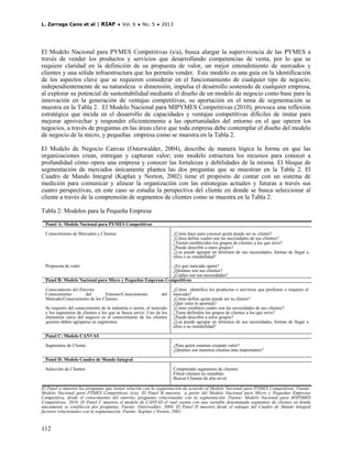L. Zarraga Cano et al | RIAF ♦ Vol. 6 ♦ No. 5 ♦ 2013




El Modelo Nacional para PYMES Competitivas (s/a), busca alargar la supervivencia de las PYMES a
través de vender los productos y servicios que desarrollando competencias de venta, por lo que se
requiere claridad en la definición de su propuesta de valor, un mejor entendimiento de mercados y
clientes y una sólida infraestructura que les permita vender. Este modelo es una guía en la identificación
de los aspectos clave que se requieren considerar en el funcionamiento de cualquier tipo de negocio,
independientemente de su naturaleza o dimensión, impulsa el desarrollo sostenido de cualquier empresa,
al explorar su potencial de sustentabilidad mediante el diseño de un modelo de negocio como base para la
innovación en la generación de ventajas competitivas, su aportación en el tema de segmentación se
muestra en la Tabla 2. El Modelo Nacional para MIPYMES Competitivas (2010), provoca una reflexión
estratégica que incida en el desarrollo de capacidades y ventajas competitivas difíciles de imitar para
mejorar aprovechar y responder eficientemente a las oportunidades del entorno en el que operen los
negocios, a través de preguntas en las áreas clave que toda empresa debe contemplar el diseño del modelo
de negocio de la micro, y pequeñas empresa como se muestra en la Tabla 2.

El Modelo de Negocio Canvas (Osterwalder, 2004), describe de manera lógica la forma en que las
organizaciones crean, entregan y capturan valor; este modelo estructura los recursos para conocer a
profundidad cómo opera una empresa y conocer las fortalezas y debilidades de la misma. El bloque de
segmentación de mercados únicamente plantea las dos preguntas que se muestran en la Tabla 2. El
Cuadro de Mando Integral (Kaplan y Norton, 2002) tiene el propósito de contar con un sistema de
medición para comunicar y alinear la organización con las estrategias actuales y futuras a través sus
cuatro perspectivas, en este caso se estudia la perspectiva del cliente en donde se busca seleccionar al
cliente a través de la comprensión de segmentos de clientes como se muestra en la Tabla 2.

Tabla 2: Modelos para la Pequeña Empresa

  Panel A: Modelo Nacional para PYMES Competitivas

  Conocimiento de Mercados y Clientes                                 ¿Cómo hace para conocer quién puede ser su cliente?
                                                                      ¿Cómo define cuales son las necesidades de sus clientes?
                                                                      ¿Tienen establecidos los grupos de clientes a los que sirve?
                                                                      ¿Puede describir a estos grupos?
                                                                      ¿Los puede agrupar en términos de sus necesidades, formas de llegar a
                                                                      ellos o su rentabilidad?

  Propuesta de valor                                         ¿En qué mercado opera?
                                                             ¿Quiénes son sus clientes?
                                                             ¿Cuáles son sus necesidades?
  Panel B: Modelo Nacional para Micro y Pequeñas Empresas Competitivas

  Conocimiento del Entorno                                            ¿Cómo identifica los productos o servicios que prefieren o requiere el
  Conocimiento        del      Entorno/Conocimiento            del    mercado?
  Mercado/Conocimiento de los Clientes                                ¿Cómo define quién puede ser su cliente?
                                                                      ¿Qué valor le aportará?
  Se requiere del conocimiento de la industria o sector, el mercado   ¿Cómo establece cuáles son las necesidades de sus clientes?
  y los segmentos de clientes a los que se busca servir. Uno de los   ¿Tiene definidos los grupos de clientes a los que sirve?
  elementos clave del negocio es el conocimiento de los clientes      ¿Puede describir a estos grupos?
  quienes deben agruparse en segmentos.                               ¿Los puede agrupar en términos de sus necesidades, formas de llegar a
                                                                      ellos o su rentabilidad?

  Panel C: Modelo CANVAS

  Segmentos de Cliente                                                ¿Para quién estamos creando valor?
                                                                      ¿Quiénes son nuestros clientes más importantes?

  Panel D: Modelo Cuadro de Mando Integral

  Selección de Clientes                                               Comprender segmentos de clientes
                                                                      Filtrar clientes no rentables
                                                                      Buscar Clientes de alto nivel

El Panel a muestra las preguntas que tienen relación con la segmentación de acuerdo al Modelo Nacional para PYMES Competitivas. Fuente:
Modelo Nacional para PYMES Competitivas (s/a). El Panel B muestra a partir del Modelo Nacional para Micro y Pequeñas Empresas
Competitiva, desde el conocimiento del entorno, preguntas relacionadas con la segmentación. Fuente: Modelo Nacional para MYPIMES
Competitivas, 2010. El Panel C muestra el modelo de CANVAS el cual cuenta con una variable denominada segmentos de clientes en donde
únicamente se establecen dos preguntas. Fuente: Osterwalder, 2004. El Panel D muestra desde el enfoque del Cuadro de Mando Integral
factores relacionados con la segmentación. Fuente: Kaplan y Norton, 2002.


112
 