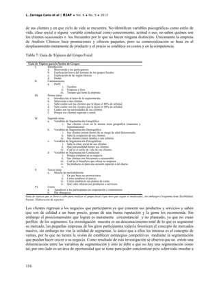L. Zarraga Cano et al | RIAF ♦ Vol. 6 ♦ No. 5 ♦ 2013



de sus clientes y en que ciclo de vida se encuentra. No identifican variables psicográficas como estilo de
vida, clase social o alguna variable conductual como conocimiento, actitud o uso, no saben quiénes son
los clientes ocasionales o los frecuentes por lo que no hacen ninguna distinción. Únicamente la empresa
de Análisis Clínicos hace promociones y ofrecen paquetes, pero su comercialización se basa en el
desplazamiento meramente de producto y el precio se establece en costos y en la competencia.

Tabla 7: Guía de Tópicos del Grupo Focal

  Guía de Tópicos para la Sesión de Grupos
       I.       Introducción
                a.    Bienvenida a los participantes
                b. Explicación breve del formato de los grupos focales
                c.    Explicación de las reglas básicas
                d. Dudas
       II.      Calentamiento
                a.    Pérfil
                               i. Nombre
                              ii. Empresa y Giro
                             iii. Tiempo que tiene la empresa
       III.     Primer tema
                a.    Introducción al tema de la segmentación
                b. Selecciona a sus clientes.
                c.    Sabe cuáles son los clientes que le dejan el 80% de utilidad.
                d. Sabe cuáles son los clientes que le dejan el 20% de utilidad.
                e.    Cuáles son las necesidades de sus clientes
                f.    Porque sus clientes regresan a usted.

       IV.        Segundo tema
                  a.    Variables de Segmentación Geográfica
                                i. Sus clientes viven en la misma zona geográfica (manzana y
                                   supermanzana)
                  b. Variables de Segmentación Demográfica
                                i. Sus clientes entran dentro de un rango de edad determinado.
                               ii. Sabe la ocupación de sus clientes.
                              iii. Sus clientes tienen familia o son solteros.
                  c.    Variables de Segmentación Psicográficas
                                i. Sabe la clase social de sus clientes.
                               ii. Qué personalidad tienen sus clientes.
                              iii. Cuál es el estilo de vida de sus clientes.
                  d. Variables de Segmentación Conductual
                                i. Porque compran en su negocio.
                               ii. Sus clientes son frecuentes u ocasionales
                              iii. Cuál es el beneficio que ofrece su empresa.
                              iv. Su producto es para una ocasión especial o del diario.
                               v.
       V.         Tercer tema
                  a.    Mezcla de mercadotecnia
                                i. En que basa sus promociones.
                               ii. Cómo establece el precio.
                              iii. Cómo estableció sus puntos de venta.
                              iv. Qué valor ofrecen sus productos o servicios.
       VI.        Cierre
                  a.    Agradecer a los participantes su cooperación y comentarios
                  b. Dar obsequios.
Guía de tópicos que se llevo a cabo para realizar el grupo focal y que tuvo que seguir el moderador, sin embargo el esquema tiene flexibilidad.
Fuente: Elaboración de expertos.


Los clientes regresan a los negocios que participaron ya que conocen sus productos y servicios y saben
que son de calidad a un buen precio, gozan de una buena reputación y la gente los recomienda. Sin
embargo el posicionamiento que logran es meramente circunstancial y no planeado, ya que no crean
perfiles de los segmentos. La investigación muestra es un desconocimiento total de lo que es segmentar
su mercado, las pequeñas empresas de los giros participantes todavía favorecen el concepto de mercados
masivo, sin embargo no ven la utilidad de segmentar, lo único que a ellos les interesa es el concepto de
ventas, por lo que no tienen la visión de establecer estrategias competitivas mediante la segmentación
que puedan hacer crecer a su negocio. Como resultado de esta investigación se observa que no existe una
diferenciación entre las variables de segmentación y esto se debe a que no hay una segmentación como
tal, por otro lado es un área de oportunidad que se tiene para poder concientizar pero sobre todo enseñar a



116
 