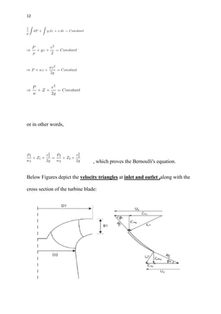 12
or in other words,
, which proves the Bernoulli's equation.
Below Figures depict the velocity triangles at inlet and outlet ,along with the
cross section of the turbine blade:
 