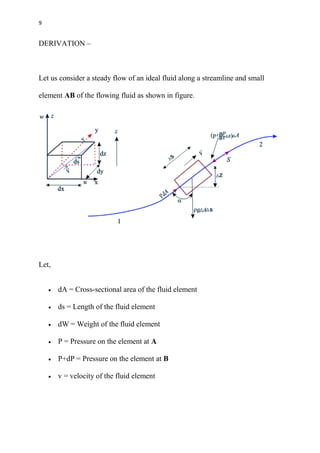 9
DERIVATION –
Let us consider a steady flow of an ideal fluid along a streamline and small
element AB of the flowing fluid as shown in figure.
Let,
 dA = Cross-sectional area of the fluid element
 ds = Length of the fluid element
 dW = Weight of the fluid element
 P = Pressure on the element at A
 P+dP = Pressure on the element at B
 v = velocity of the fluid element
 